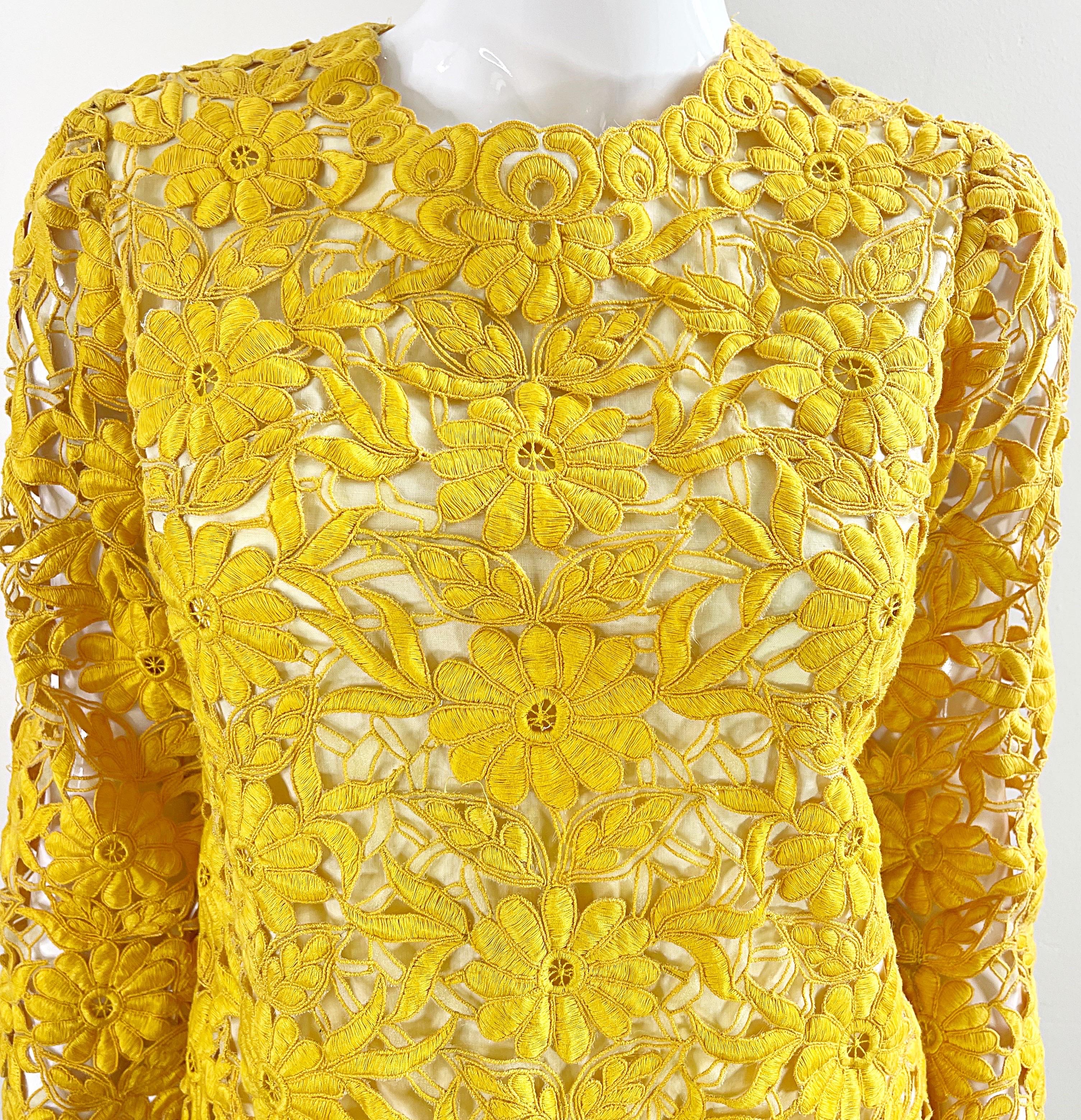 Chic 1960s Yellow Mustard Crochet 3/4 Sleeves Vintage 60s Mini Dress Tunic Top In Excellent Condition In San Diego, CA