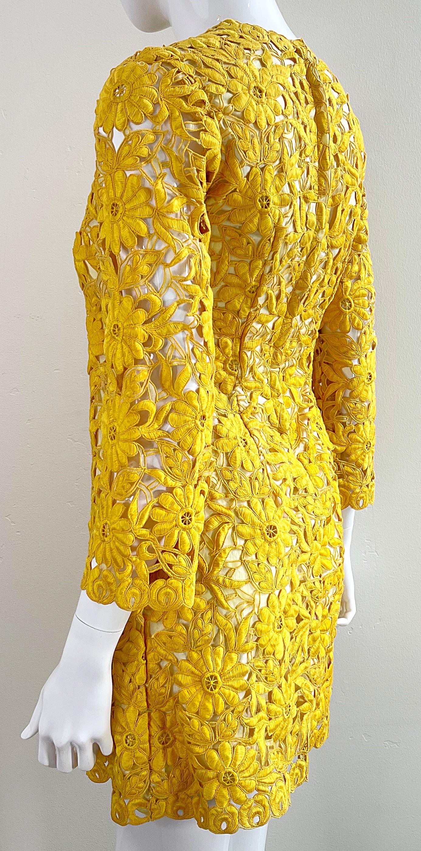Women's Chic 1960s Yellow Mustard Crochet 3/4 Sleeves Vintage 60s Mini Dress Tunic Top