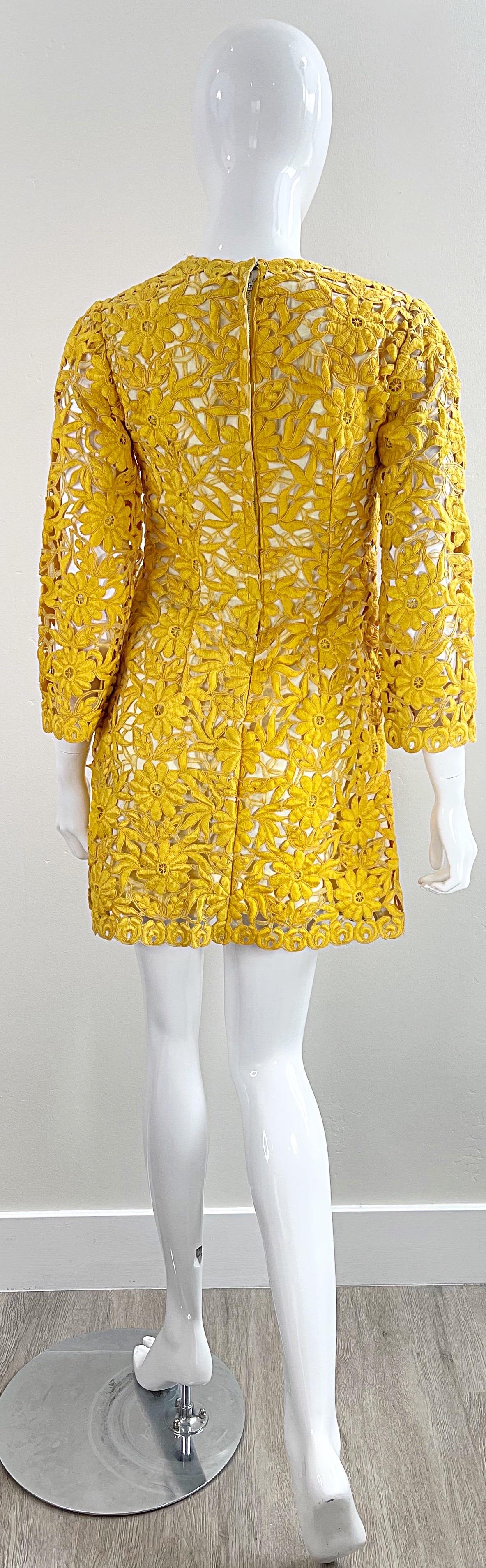 Chic 1960s Yellow Mustard Crochet 3/4 Sleeves Vintage 60s Mini Dress Tunic Top 2