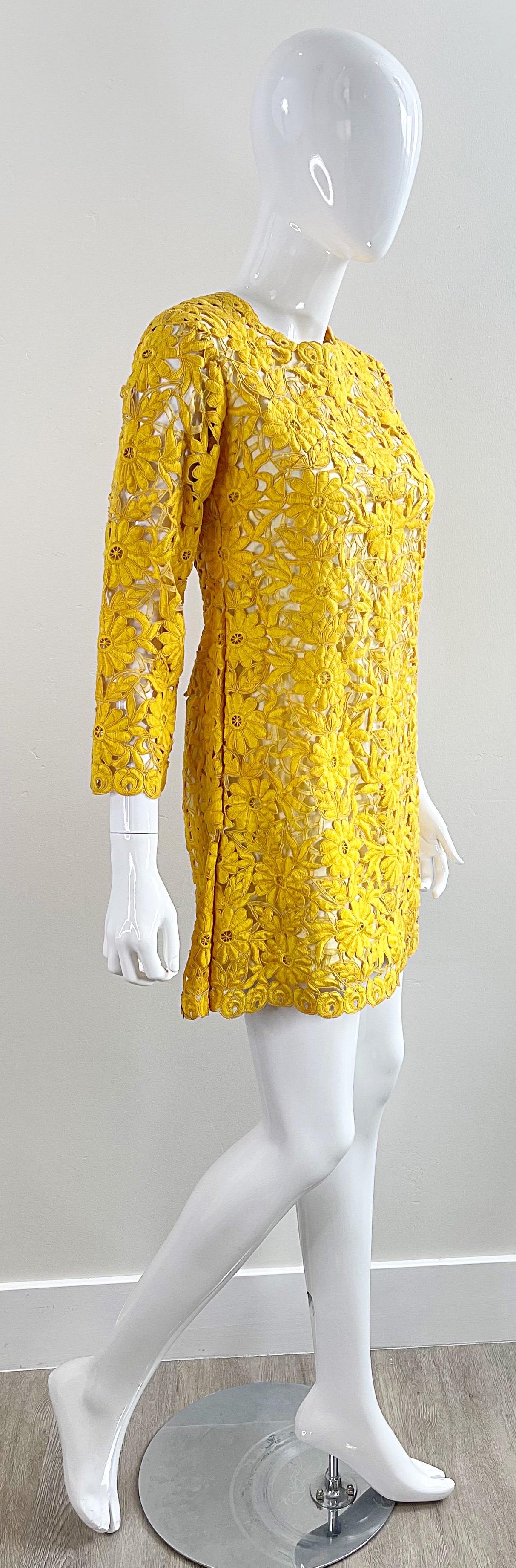 Chic 1960s Yellow Mustard Crochet 3/4 Sleeves Vintage 60s Mini Dress Tunic Top 5