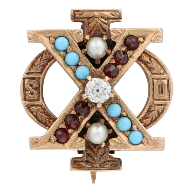 Chi Phi Badge, 14k Gold Türkis Braun University Secret Order Fraternity Pin