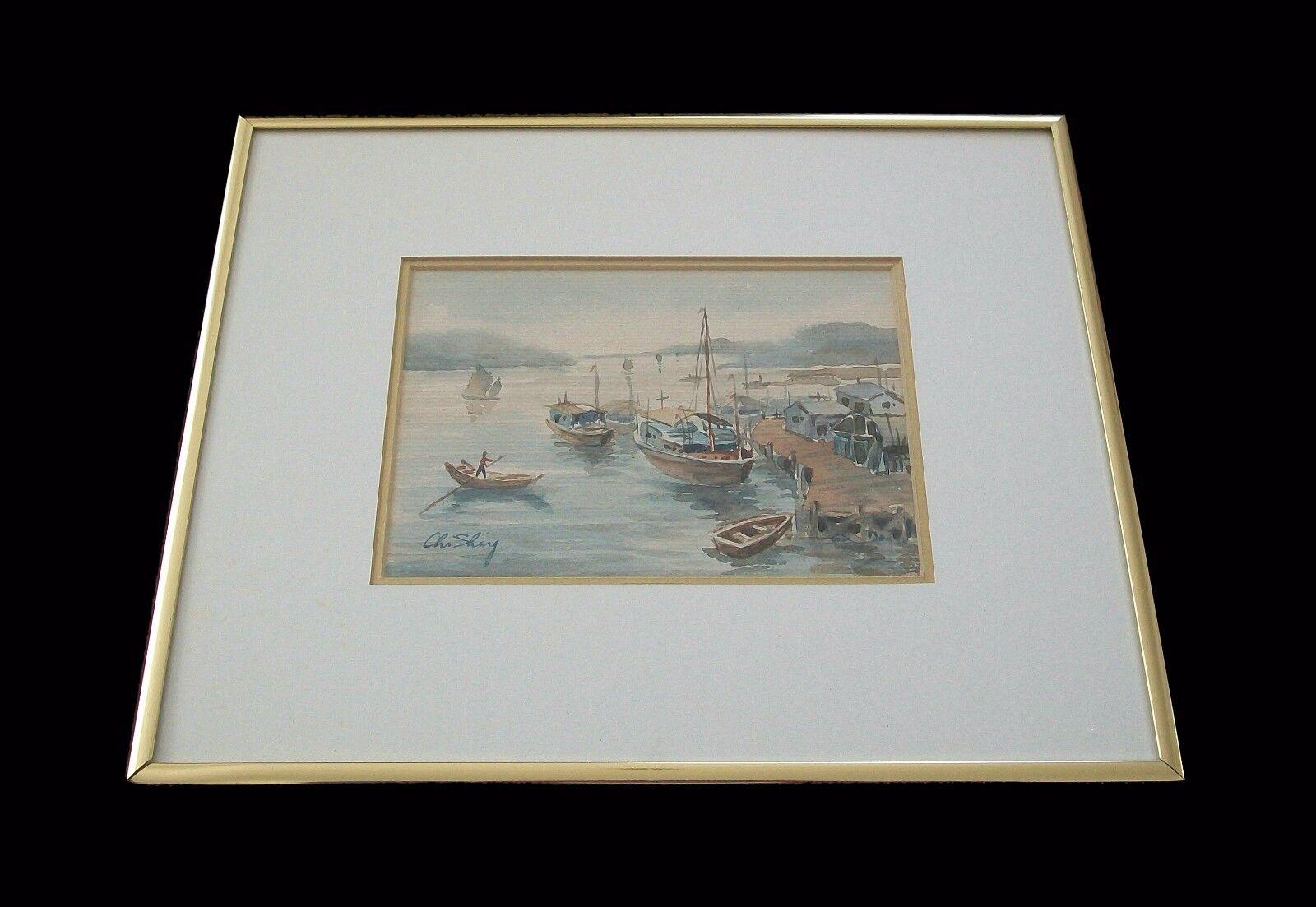 CHI SHING - 'River Boats I' - Vintage watercolor landscape painting - vintage gold tone metal frame - finished with double matte boards - signed lower left - China - mid 20th century. 

Excellent vintage condition - painting not viewed outside the