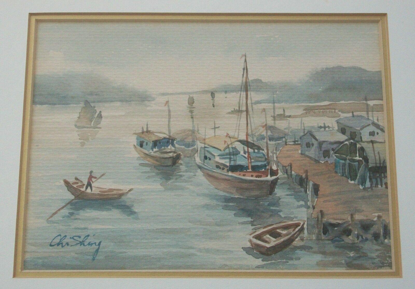 Chi Shing, „River Boats I“, gerahmtes Aquarellgemälde, China, Mitte des 20. Jahrhunderts (Chinesisch) im Angebot