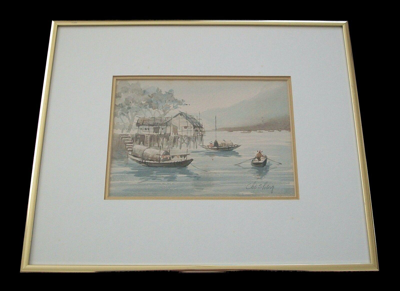 CHI SHING - 'River Boats II' - Vintage watercolor landscape painting - vintage gold tone metal frame - finished with double matte boards - signed lower right - China - mid 20th century. 

Excellent vintage condition - painting not viewed outside