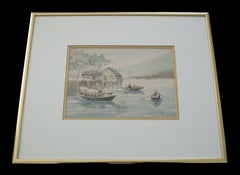 Chi Shing, 'River Boats II', Framed Watercolor Painting, China, Mid-20th C