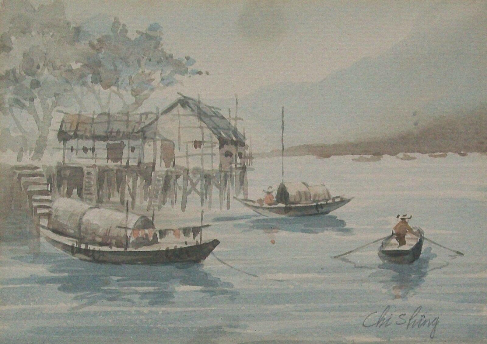 Chinoiserie Chi Shing, 'River Boats II', Framed Watercolor Painting, China, Mid-20th C For Sale
