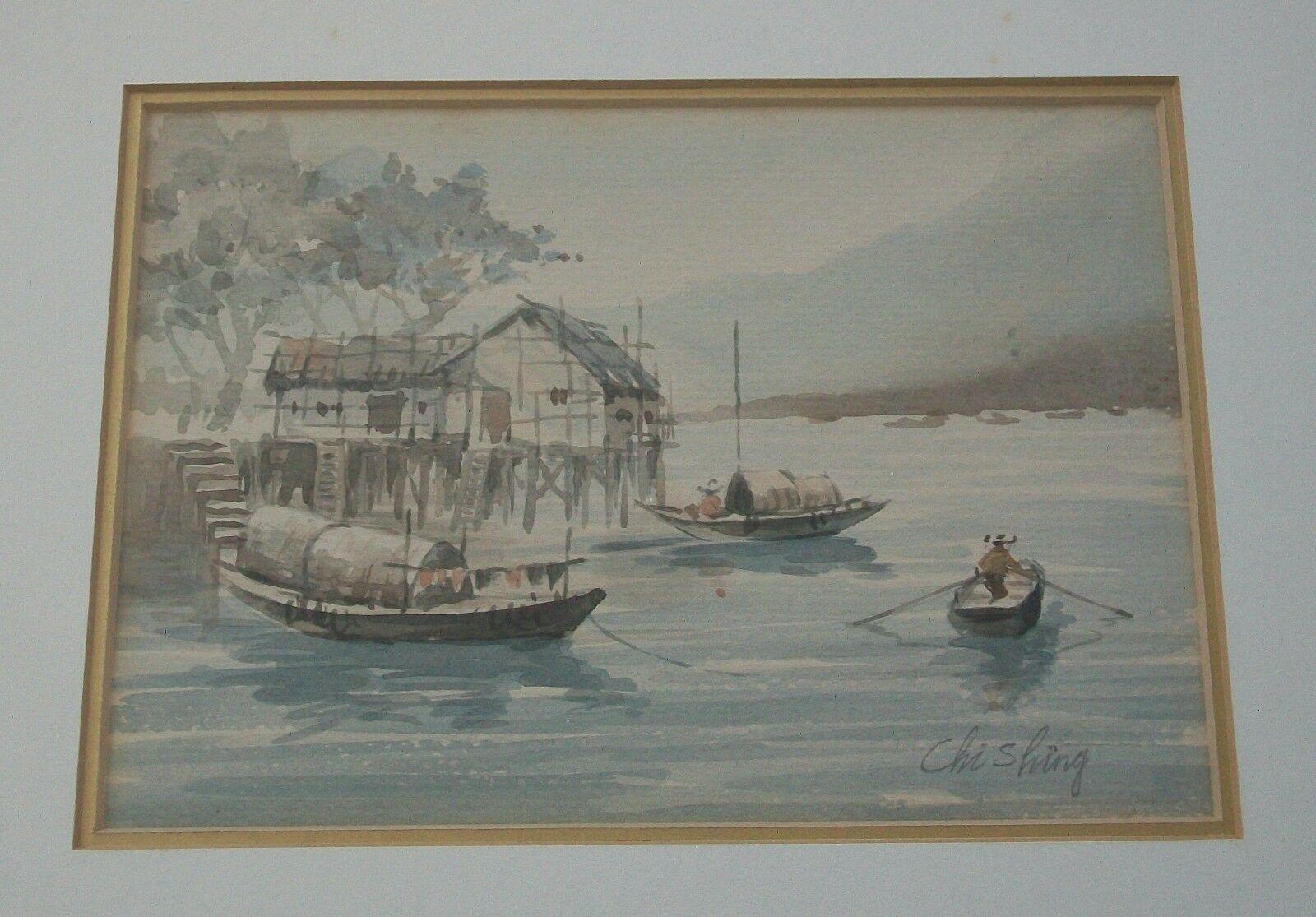 Chinese Chi Shing, 'River Boats II', Framed Watercolor Painting, China, Mid-20th C For Sale