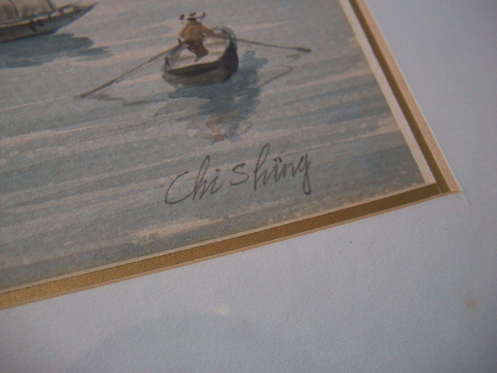 Hand-Painted Chi Shing, 'River Boats II', Framed Watercolor Painting, China, Mid-20th C For Sale