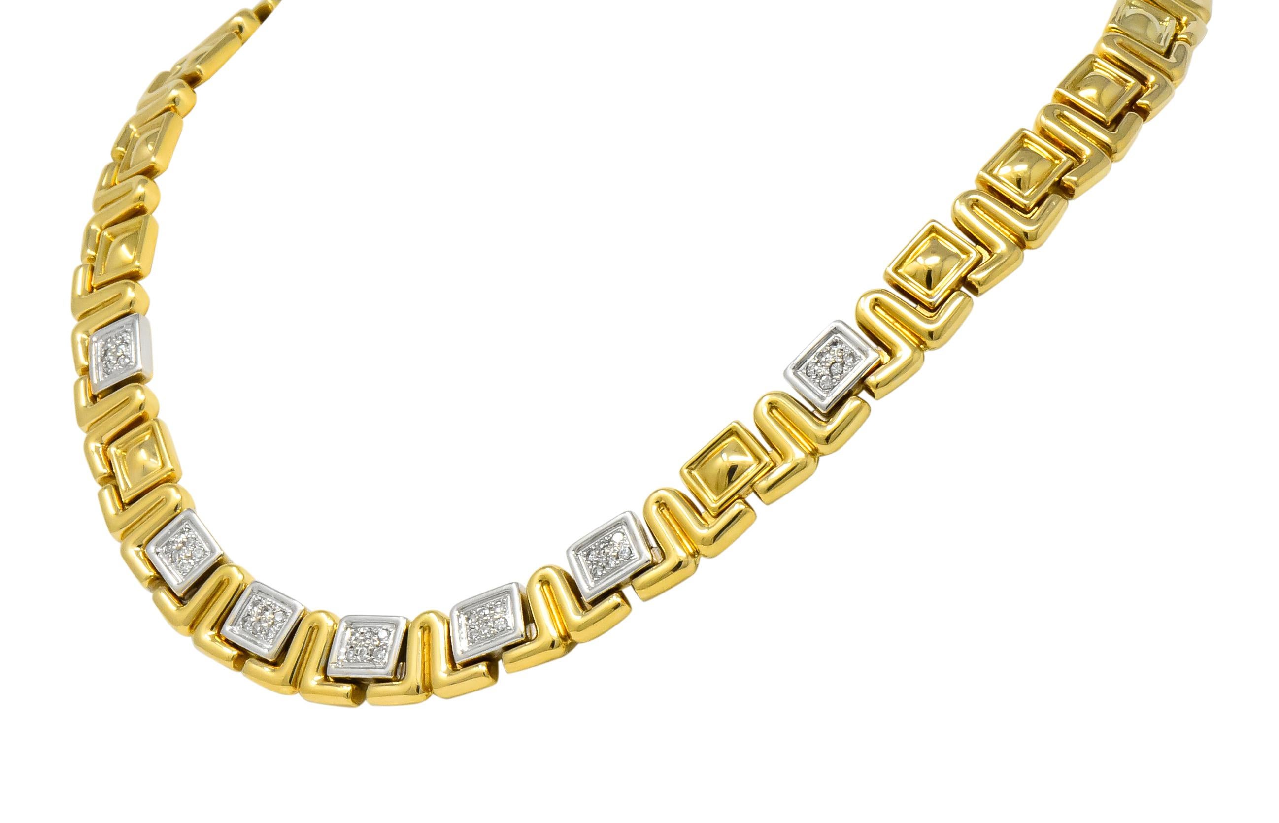 Collar style necklace comprised of puffed, polished gold, geometric links; each centering rectangular forms

Front facing rectangular links are comprised of white gold and are pavé set with round brilliant cut diamonds weighing approximately 0.85
