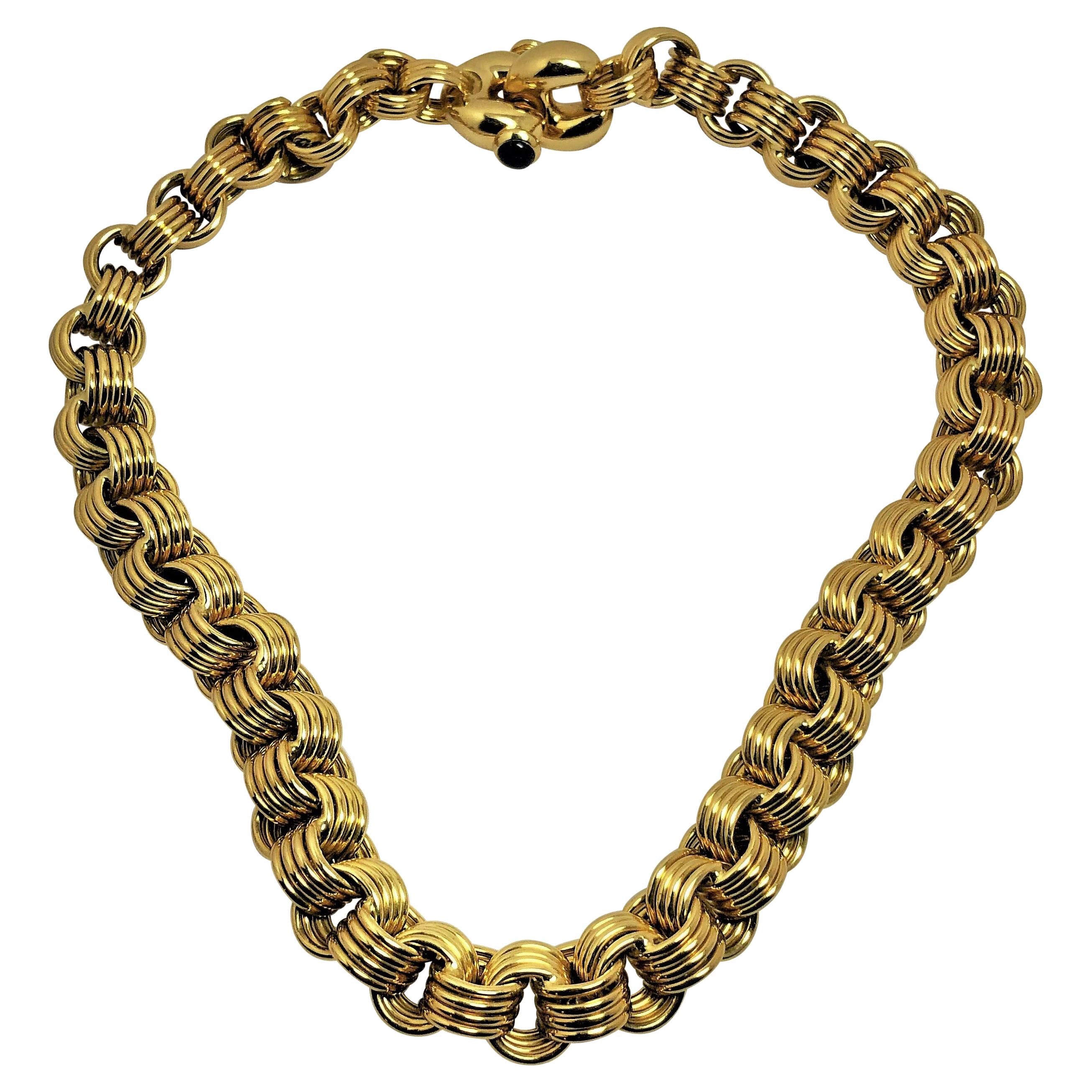 Chiampesan 18k Gold Four Spiral Link Necklace with Cabochon Sapphires on Clasp