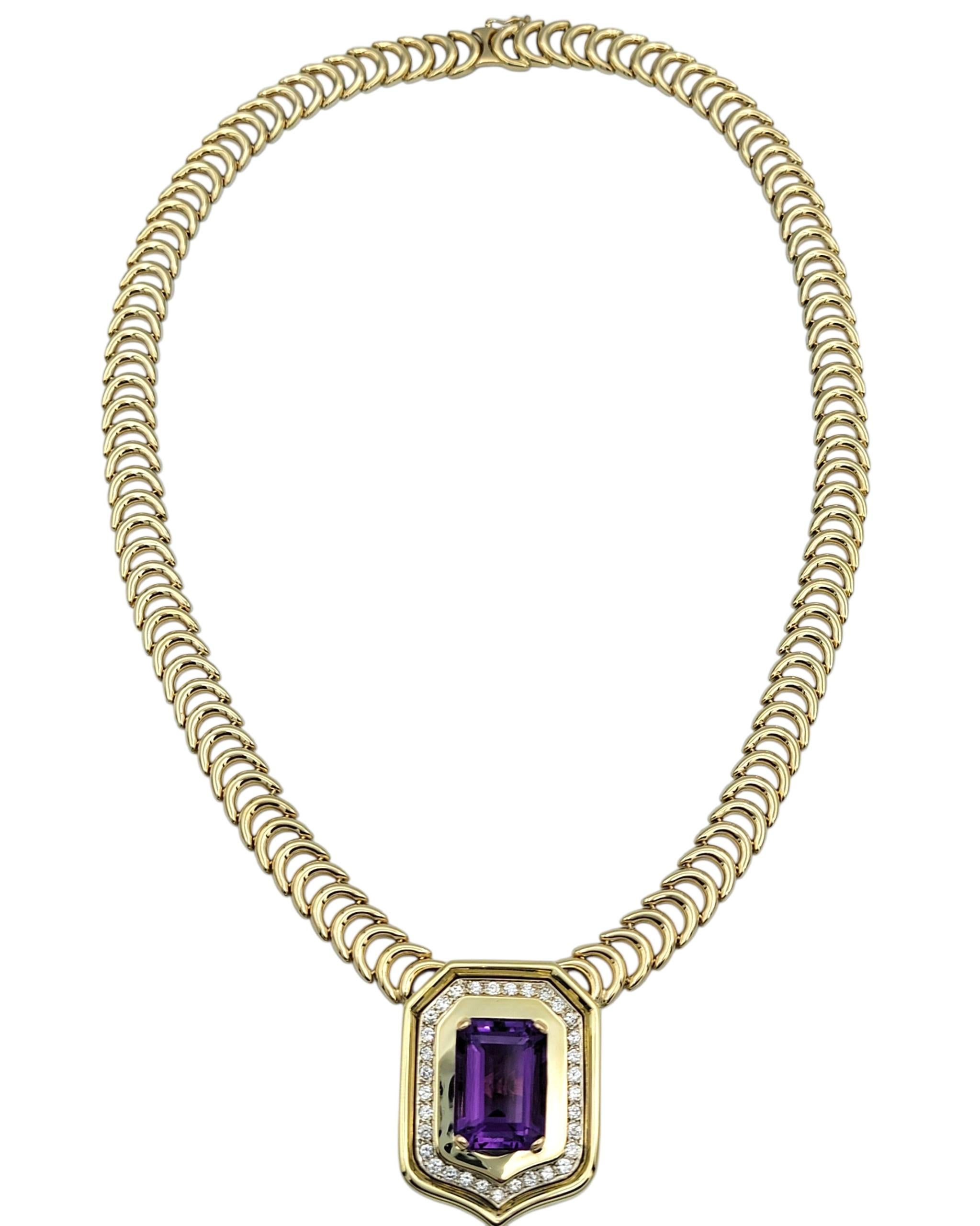 Taille émeraude Chiampesan Collier d'améthyste taille émeraude avec diamants en or jaune 14 carats en vente