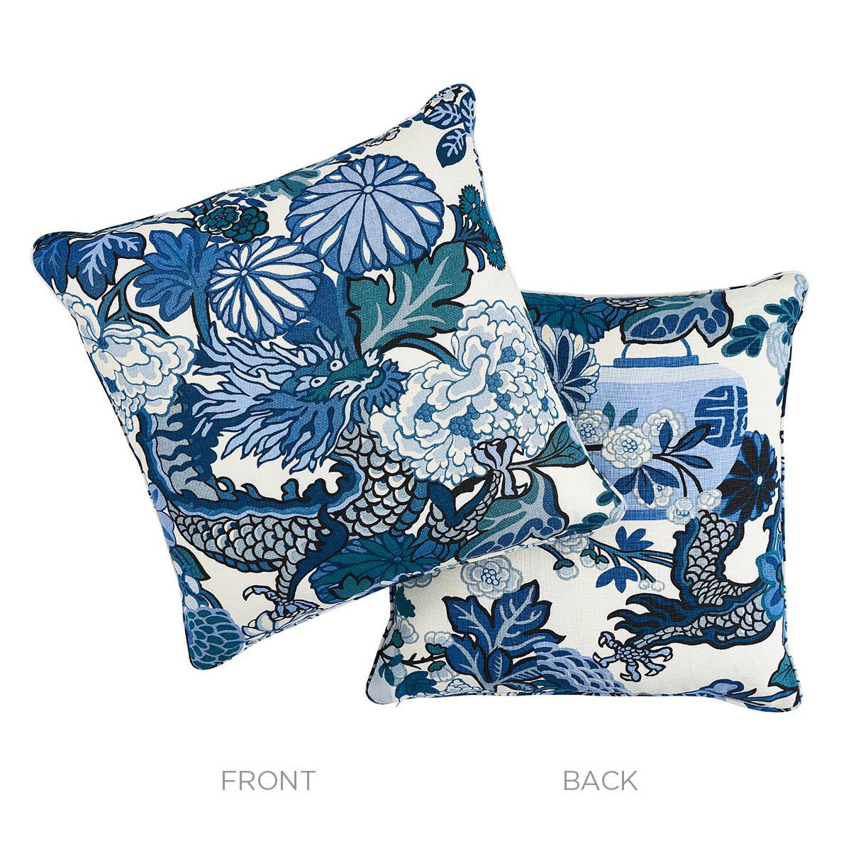 This pillow features Chiang Mai Indoor/Outdoor with a self welt finish. One of our best-loved designs, this Art Deco-inspired chinoiserie motif has been adapted into a chic outdoor fabric. Pillow includes a polyfill insert and hidden zipper closure.