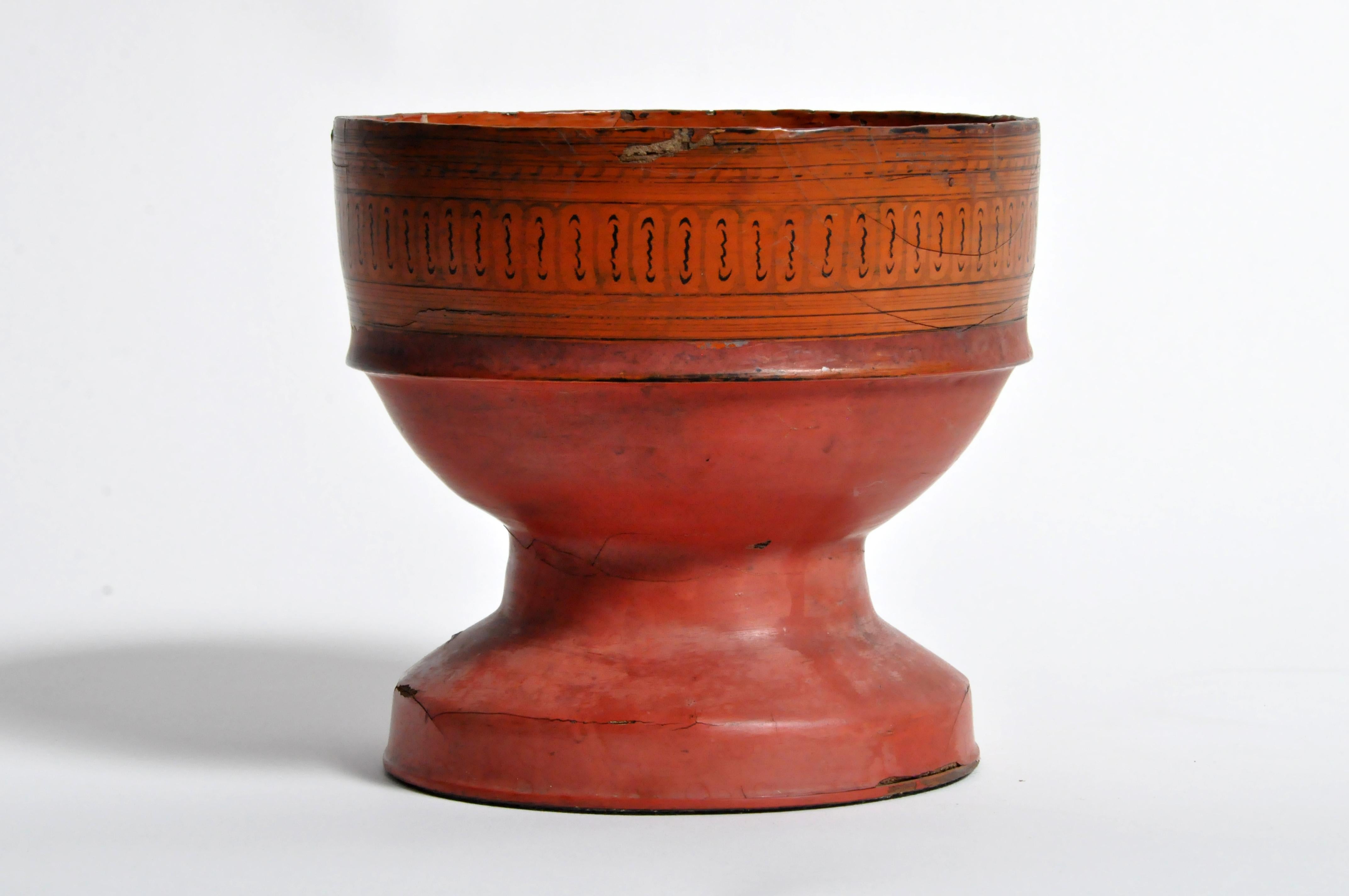 Thailand and Burma are both famous for sturdy and beautiful vessels, platters, and boxes made from lacquered wood and bamboo. Sap from the Laq tree was mixed with iron filings to produce black lacquer and with cinnabar powder to produce red lacquer.