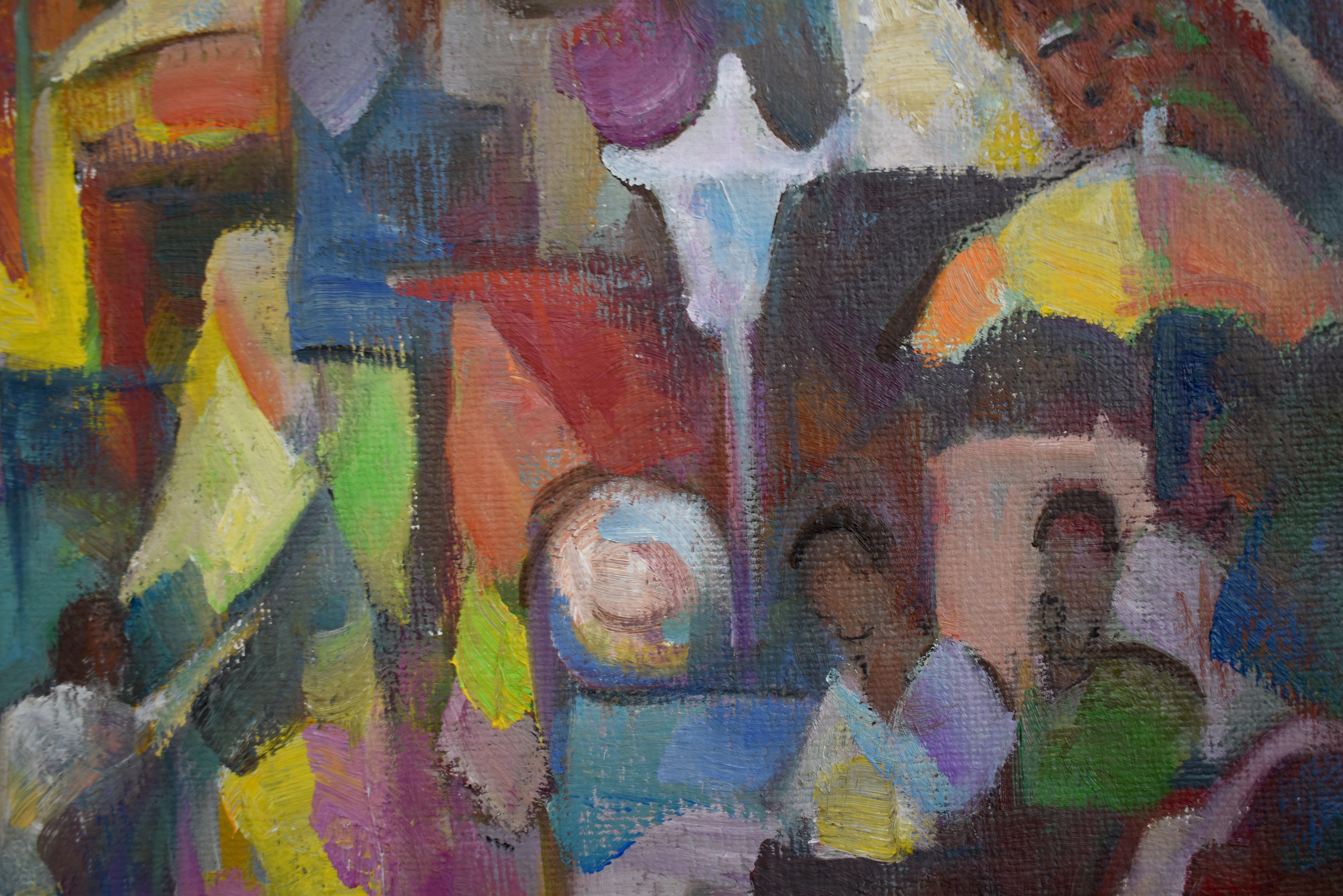 Une belle journée, rue animée, bâtiments, personnes se promenant dans la rue - Painting de Chiang Shih Wen