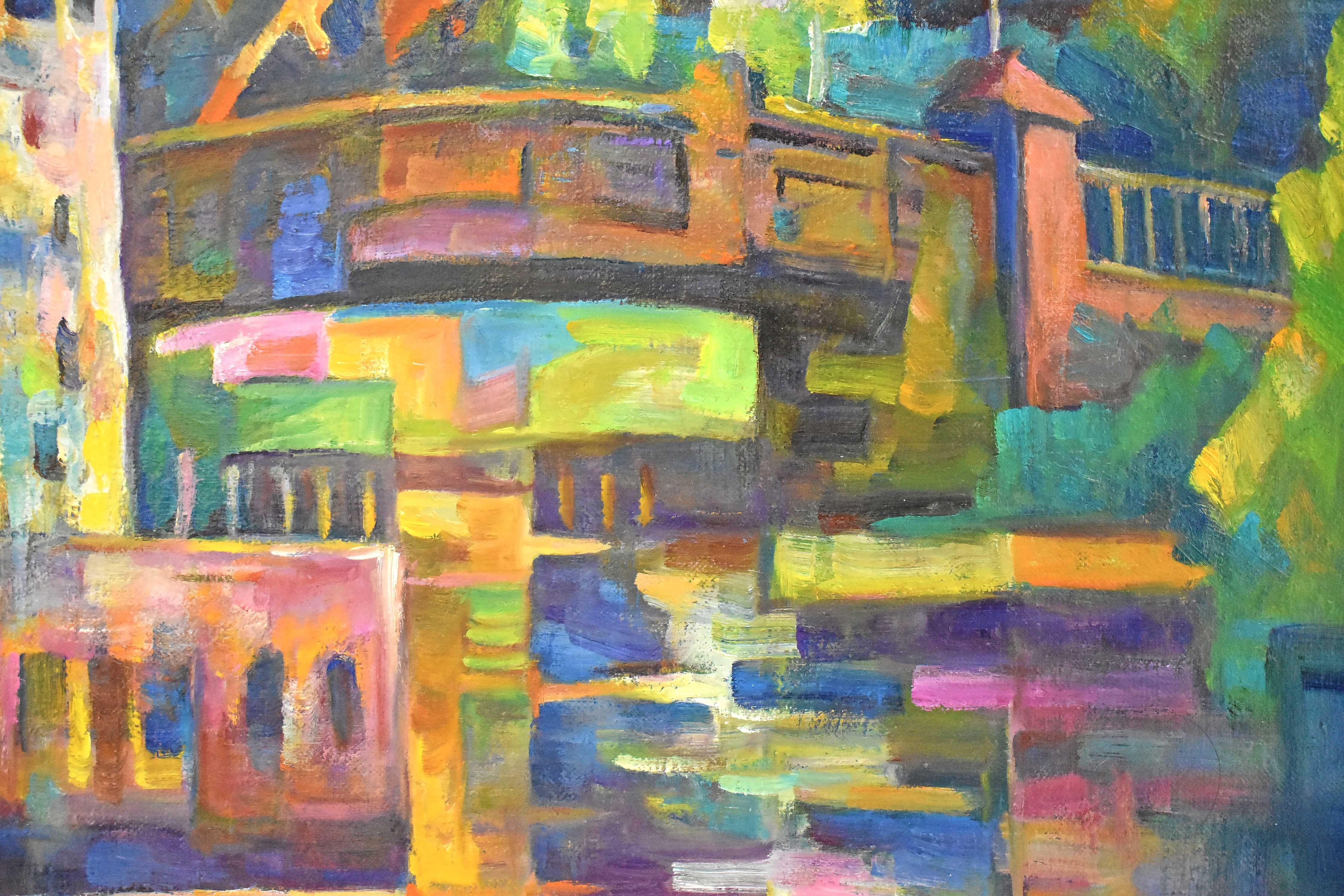 Down By The River, Scenery of Old Town, Trees Riverside Bridge Buildings - Painting by Chiang Shih Wen