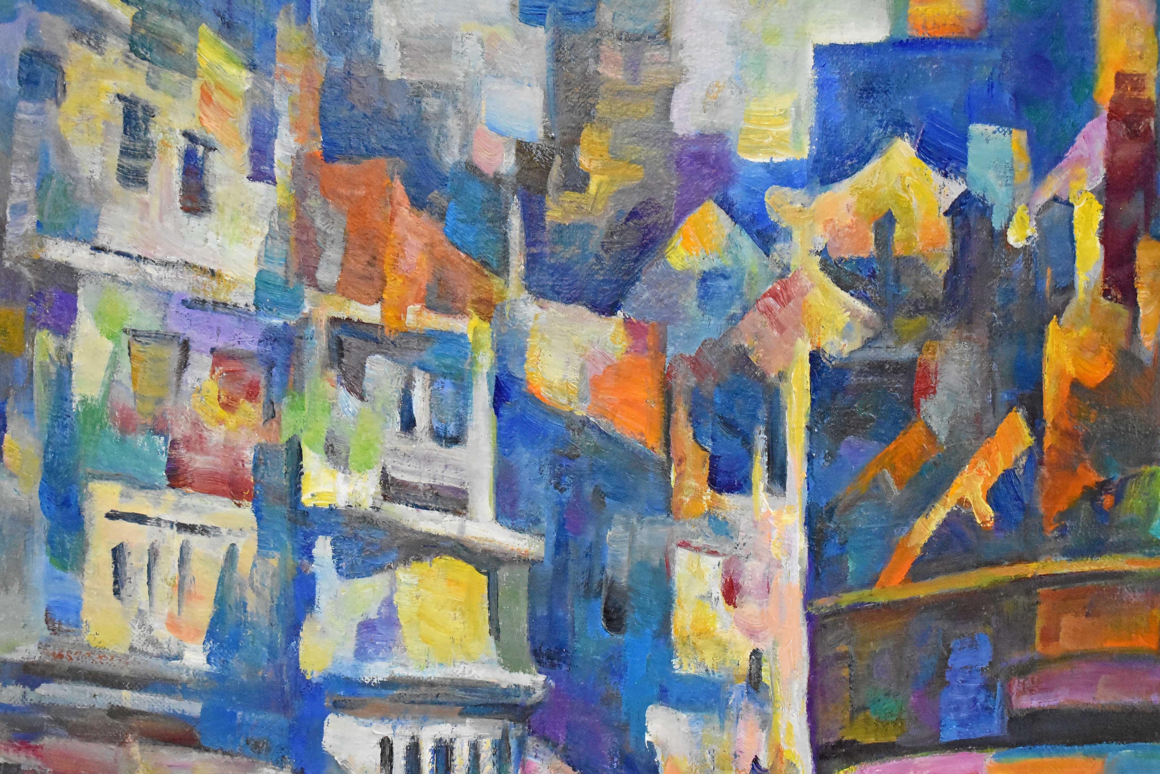 Down By The River, Scenery of Old Town, Trees Riverside Bridge Buildings - Contemporary Painting by Chiang Shih Wen