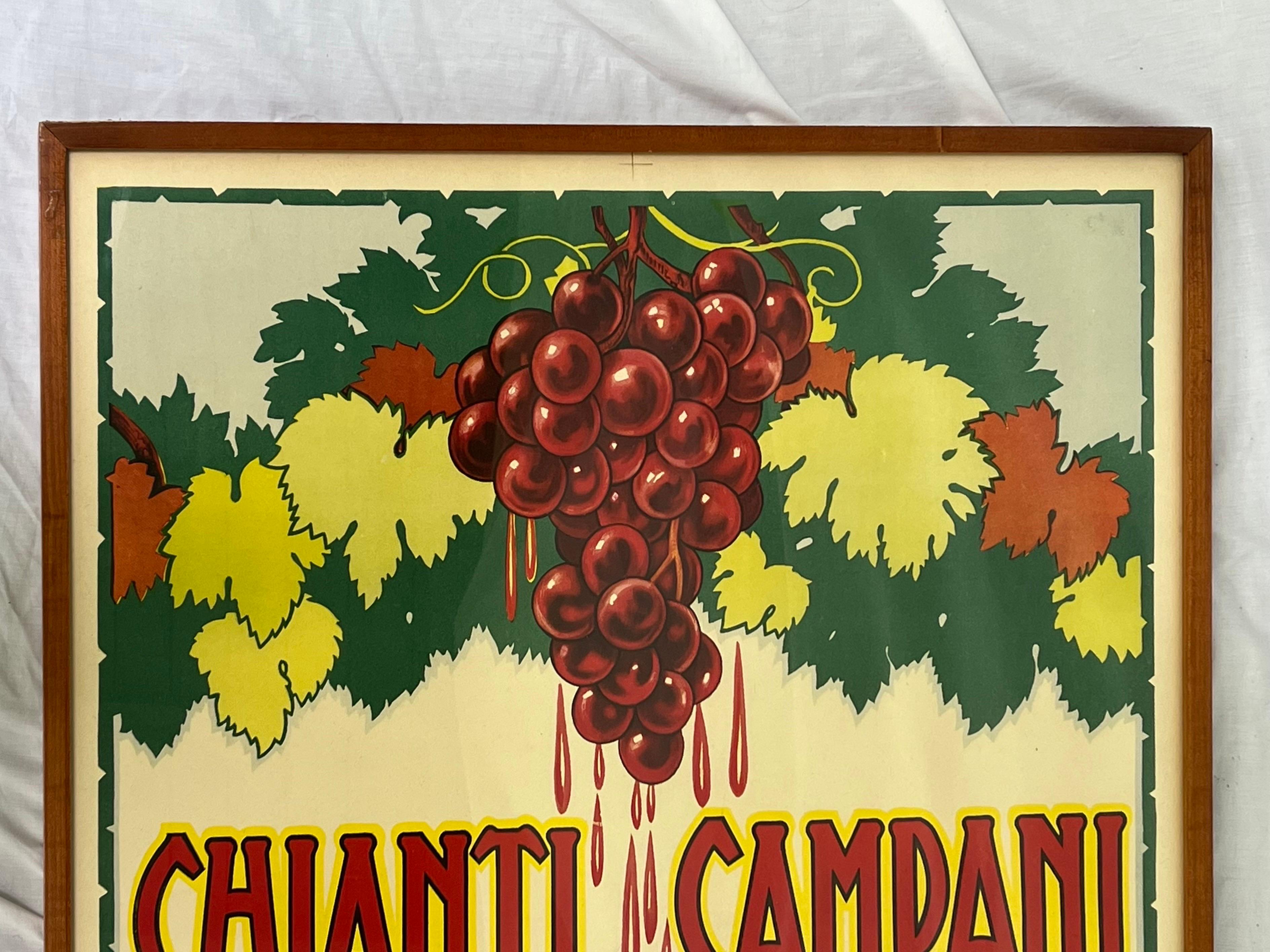 An original, vintage, mid century Italian poster for Chianti Campani featuring a gnome imbibing the juicy wine fresh from the Sangiovese grapes above his head. Oh those mischevious gnomes! While I don't have any fava beans to accompany this Chianti,