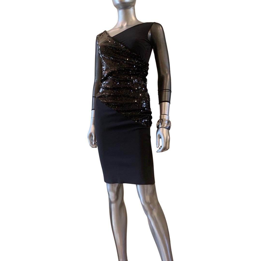 Chiara Boni Italy Sexy Designer Asymmetry Black Sequin Cocktail Dress NWT Size 0 For Sale 3
