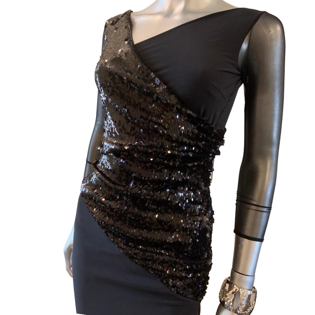 Chiara Boni Italy Sexy Designer Asymmetry Black Sequin Cocktail Dress NWT Size 0 For Sale 4