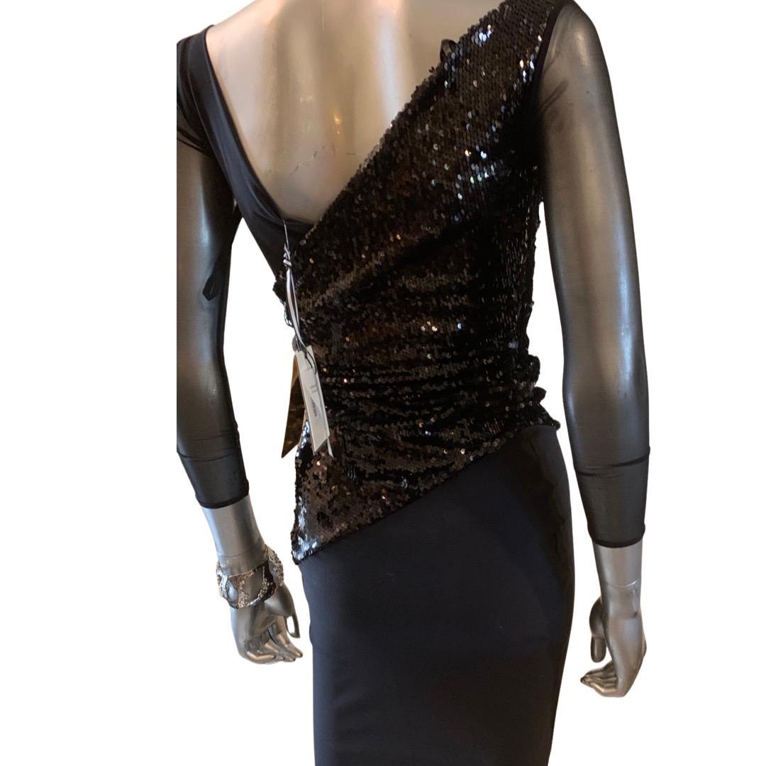 Chiara Boni Italy Sexy Designer Asymmetry Black Sequin Cocktail Dress NWT Size 0 In Excellent Condition For Sale In Palm Springs, CA