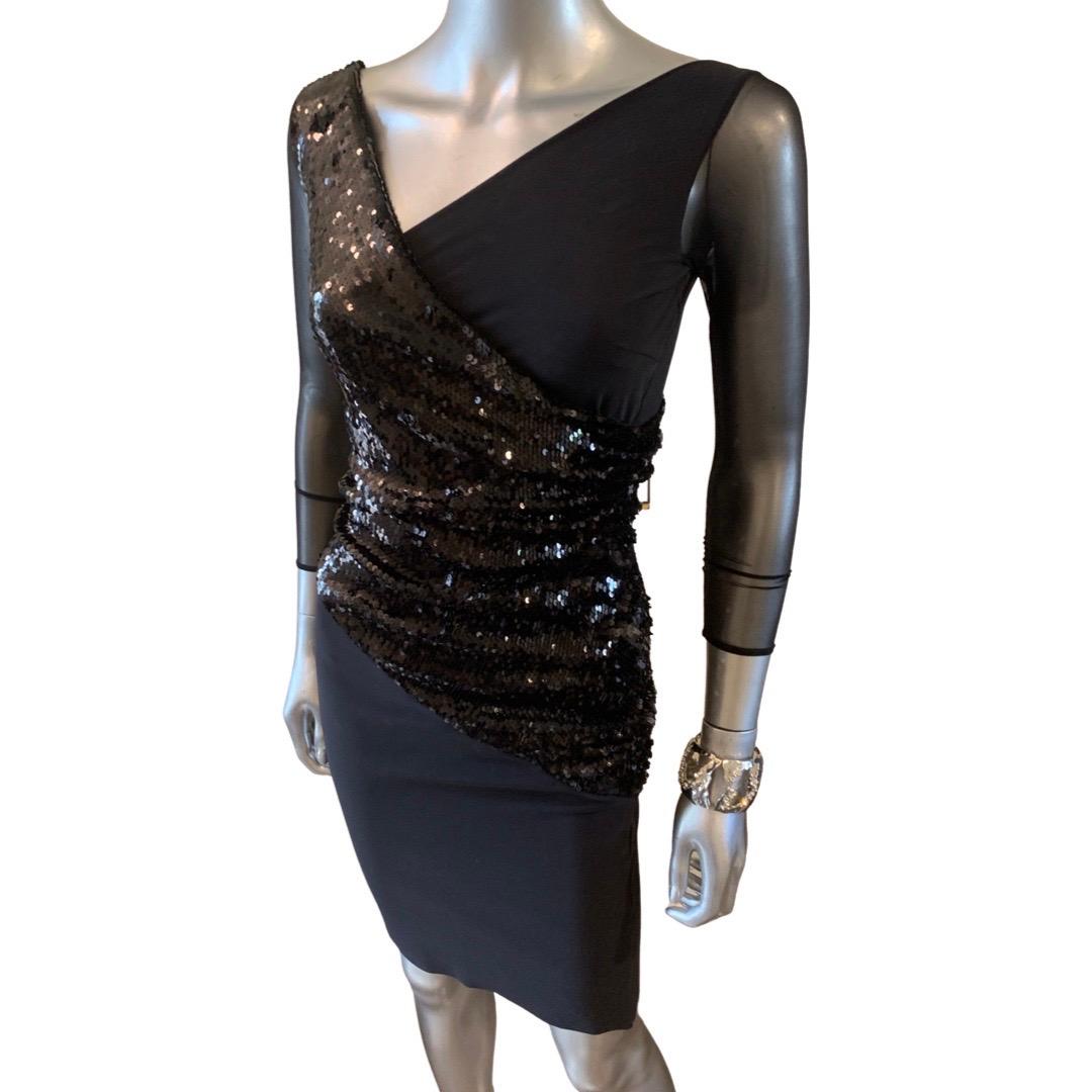Chiara Boni Italy Sexy Designer Asymmetry Black Sequin Cocktail Dress NWT Size 0 For Sale 2