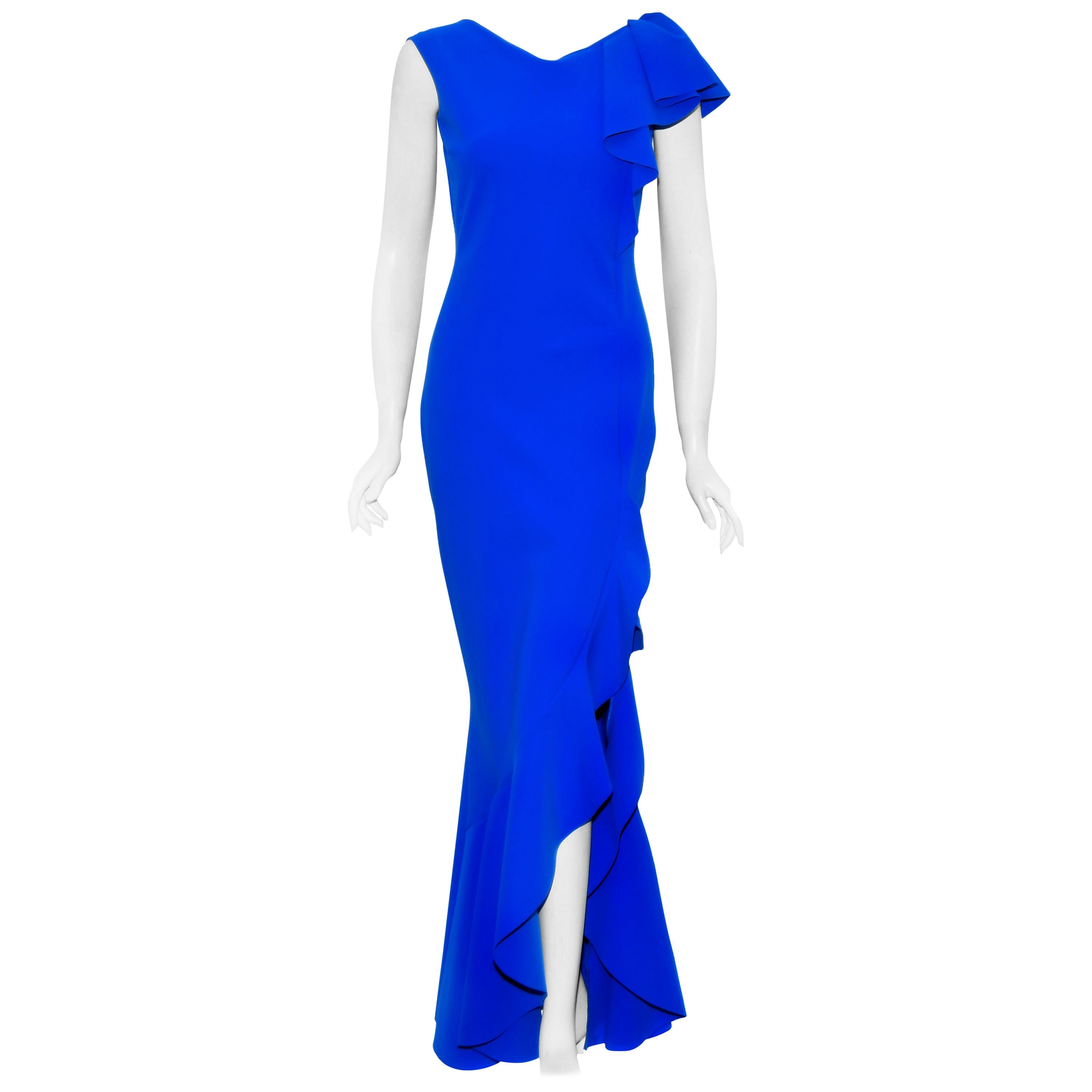 Chiara Boni Royal Blue Sleeveless Asymmetric Ruffle Gown With High Slit At Front For Sale