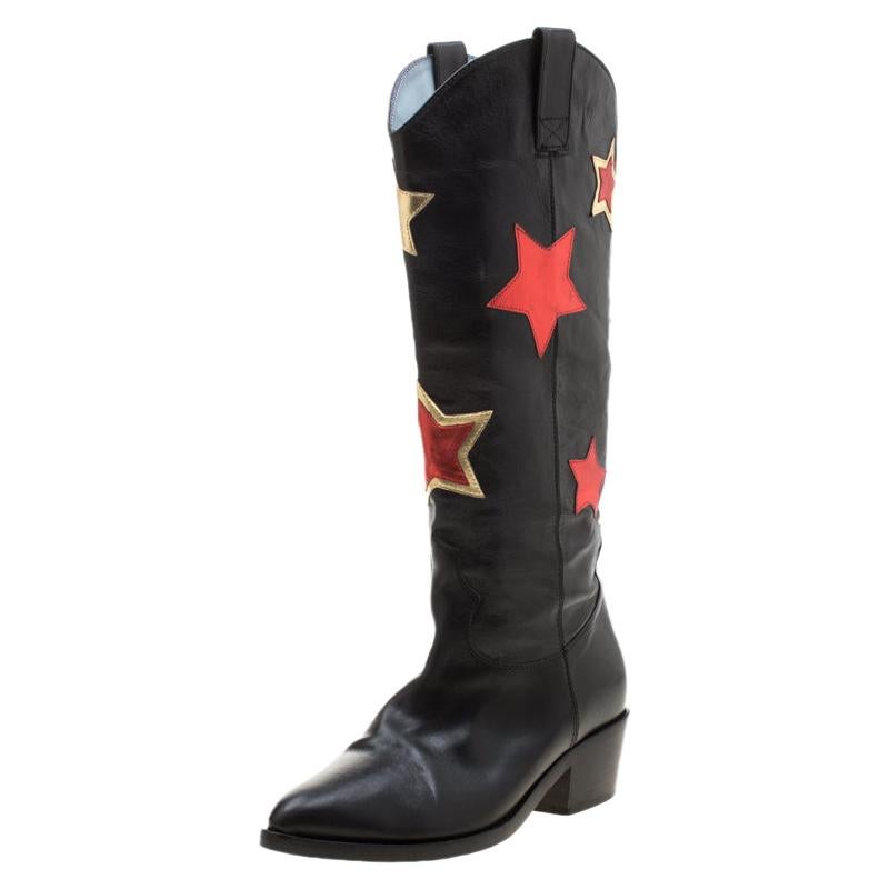 Chiara Ferragni Black Leather Star Cow Boy Boots Size 38