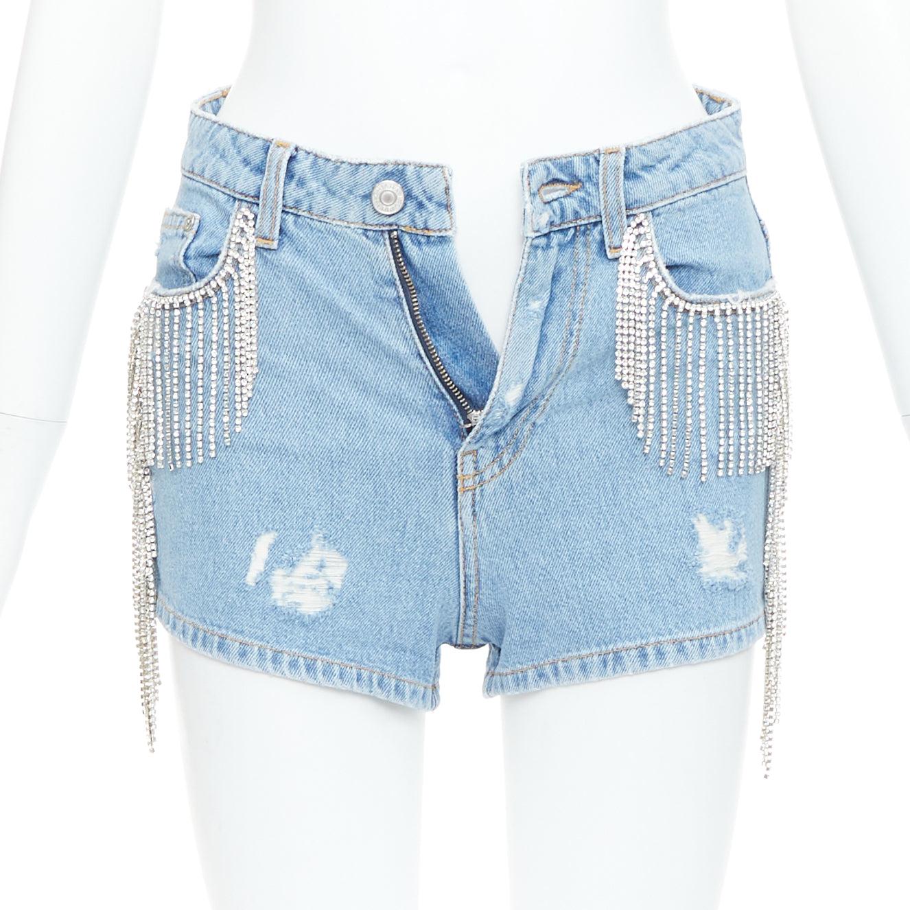 Blu CHIARA FERRAGNI pantaloncini corti in denim blu con frange di cristallo XS in vendita