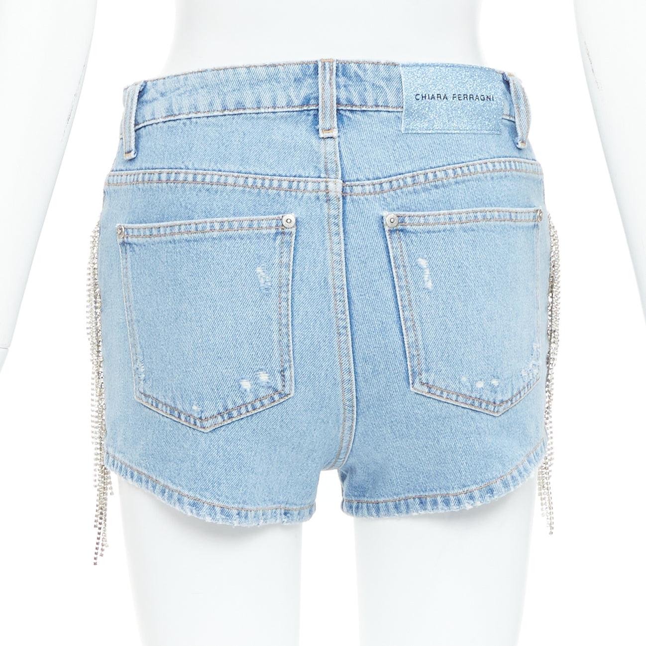 Donna CHIARA FERRAGNI pantaloncini corti in denim blu con frange di cristallo XS in vendita