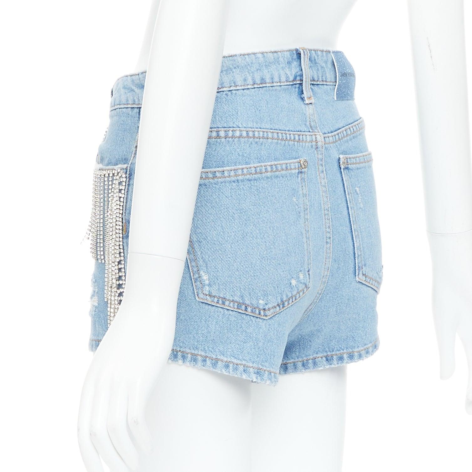 CHIARA FERRAGNI pantaloncini corti in denim blu con frange di cristallo XS in vendita 1