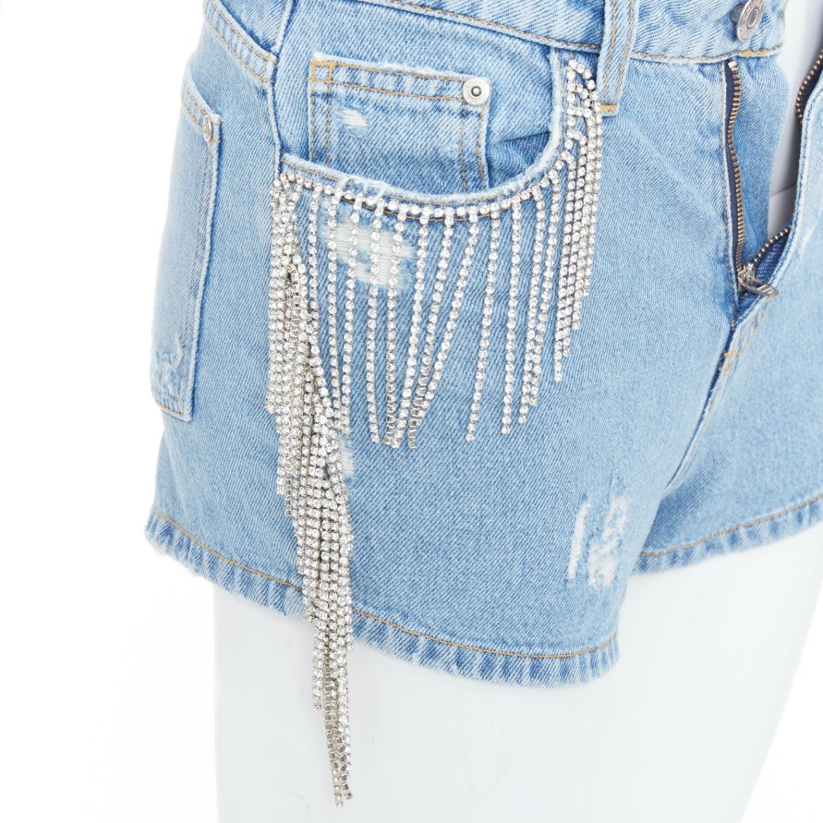 CHIARA FERRAGNI pantaloncini corti in denim blu con frange di cristallo XS in vendita 2