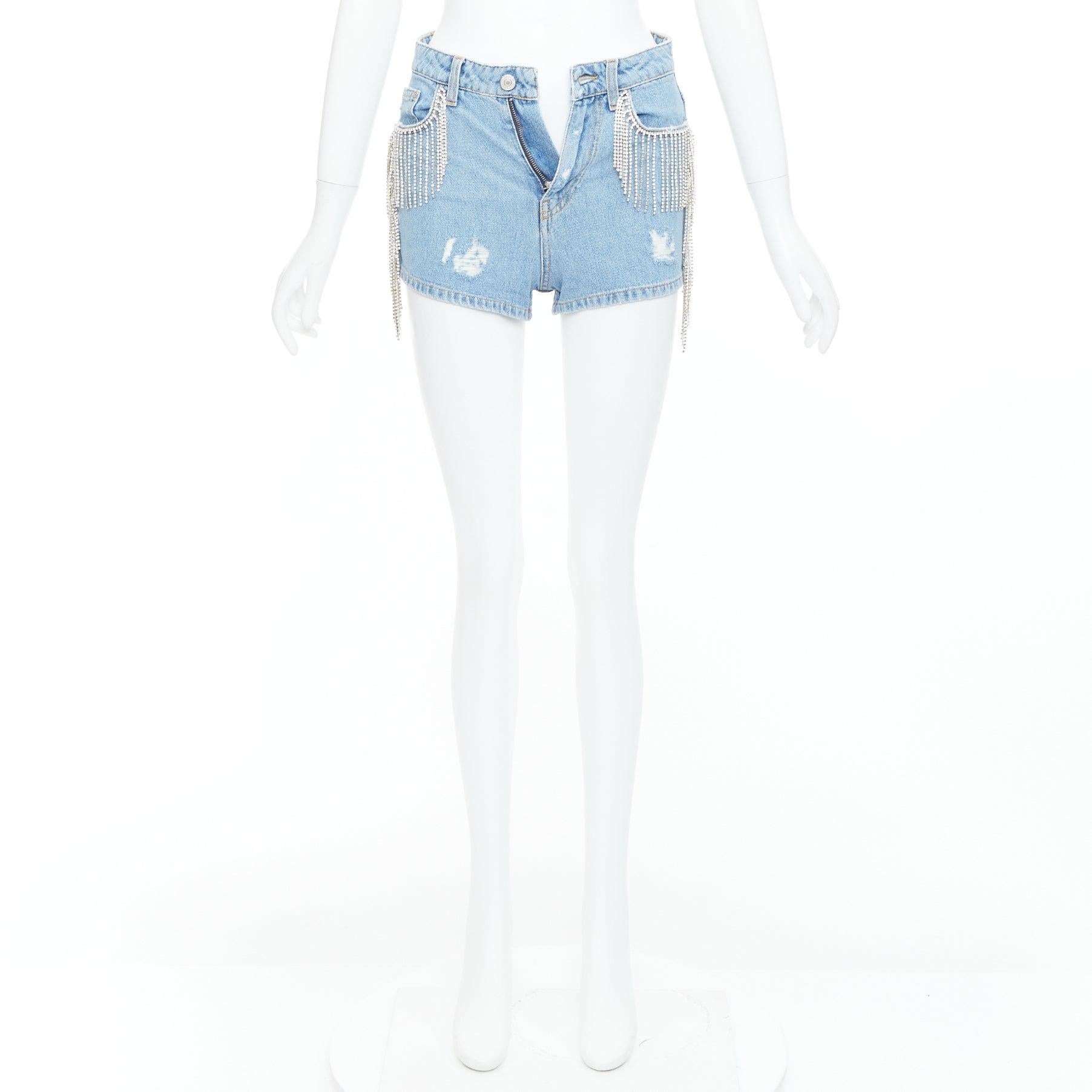 CHIARA FERRAGNI pantaloncini corti in denim blu con frange di cristallo XS in vendita 4