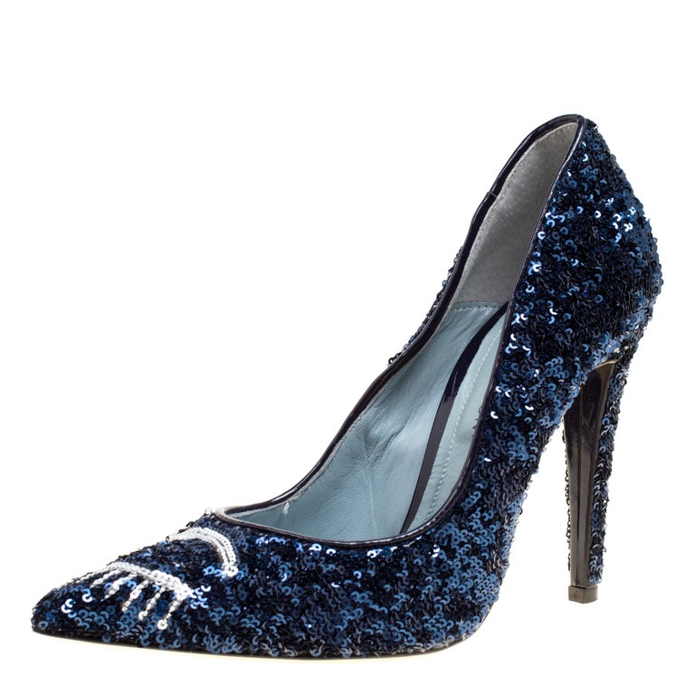 Chiara Ferragni Metallic Blue Sequins Flirting Pointed Toe Pumps Size ...