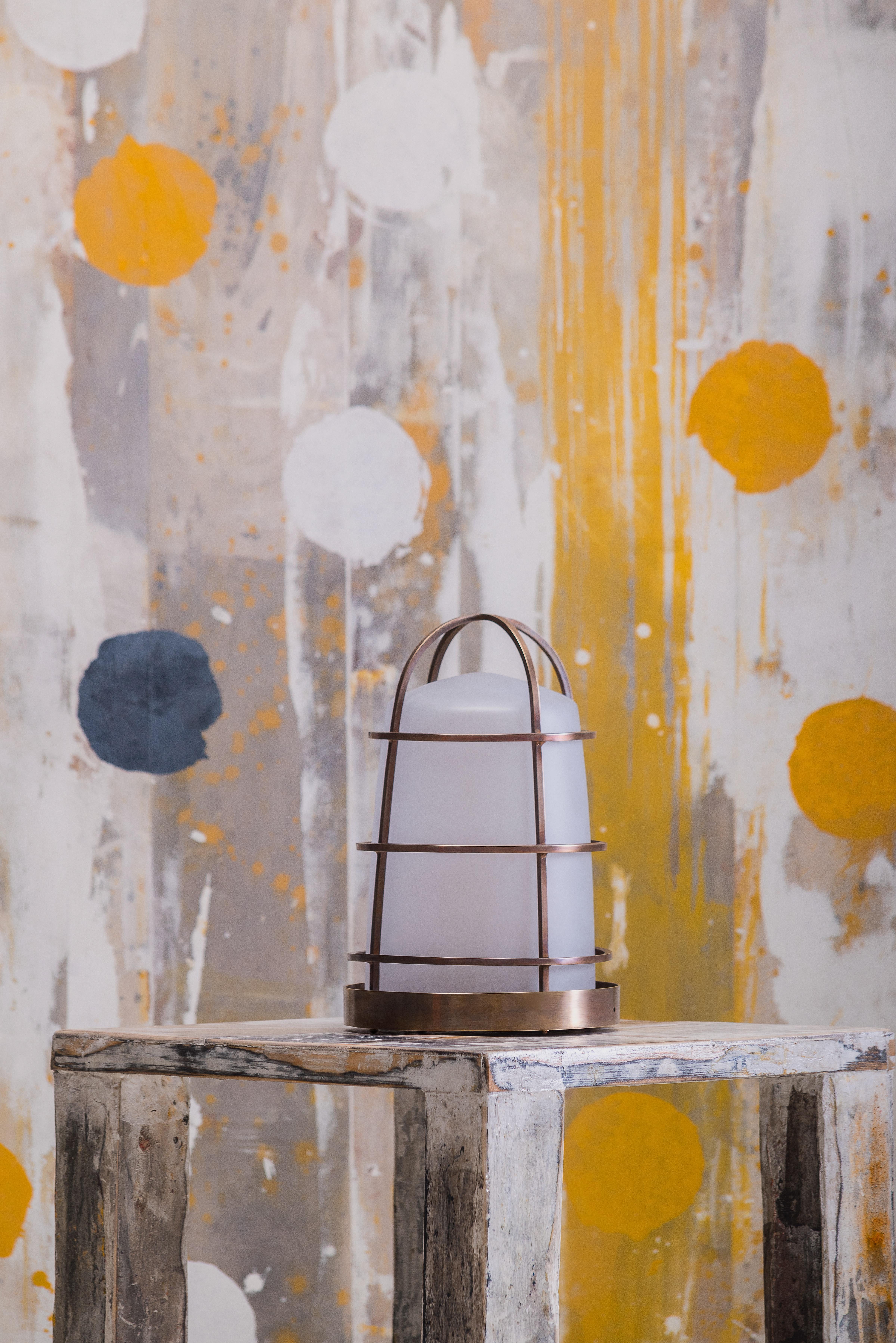 21st century Purho design Chiara lantern Murano glass and brass various colors
A heart of frosted Murano glass mounted into a brass cage. This is Chiara, a rechargeable lantern designed by Purho’s creative department, in which the seafaring