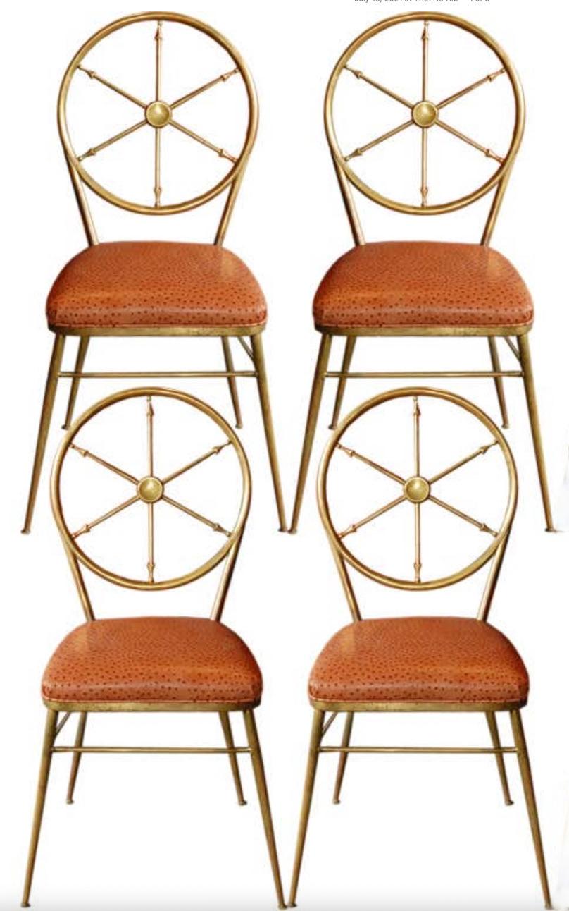 Set of four 1950s Italian brass Chiavari chairs with circular medallion backs inset with six point nautical ships compass motif in the style of Gio Ponti and Tomaso Buzzi.
Seat cushions recently covered in textured faux ostrich.
36