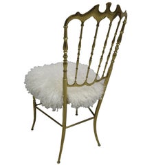 Chiavari Brass Italian 1970s Midcentury Chair in Mongolian Sheeps Fur