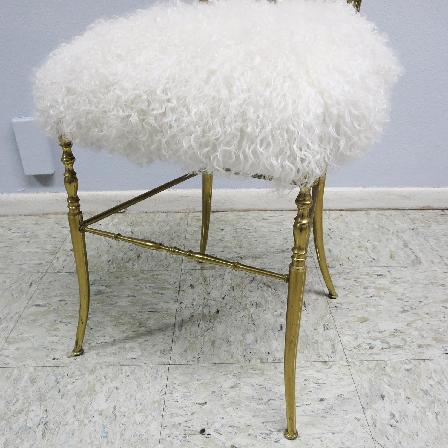 Lacquered Chiavari Brass Italian 1970s Midcentury Chair in Mongolian Sheeps Fur For Sale