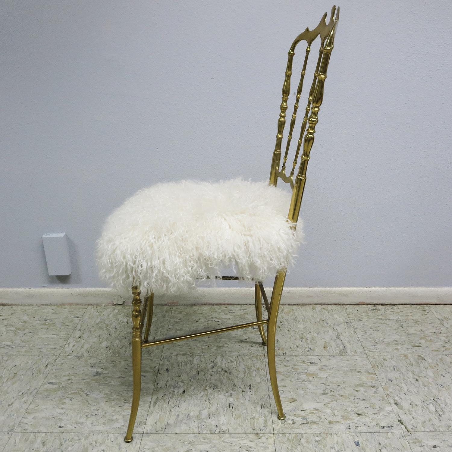 Chiavari Brass Italian 1970s Midcentury Chair in Mongolian Sheeps Fur In Good Condition For Sale In North Hollywood, CA