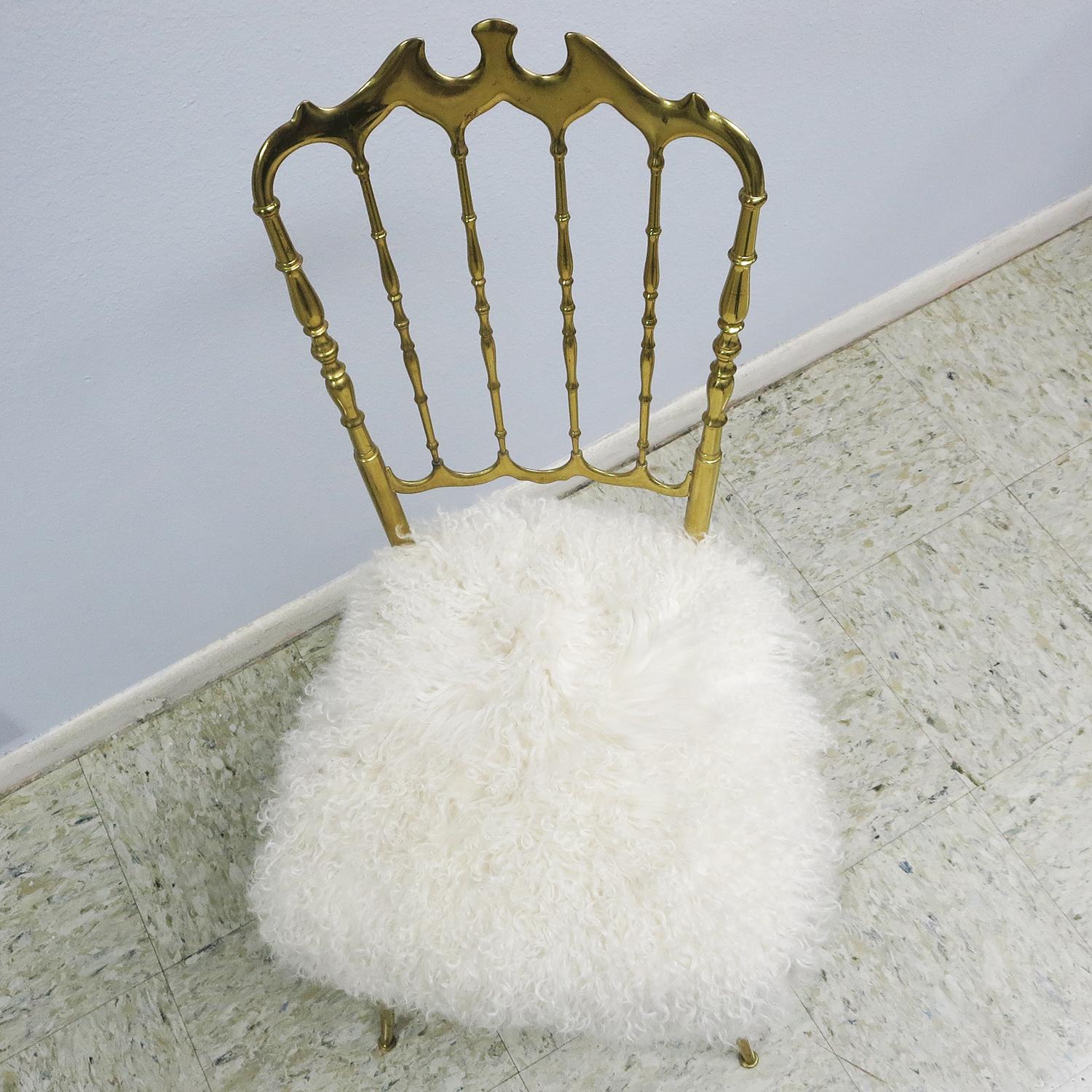 Late 20th Century Chiavari Brass Italian 1970s Midcentury Chair in Mongolian Sheeps Fur For Sale