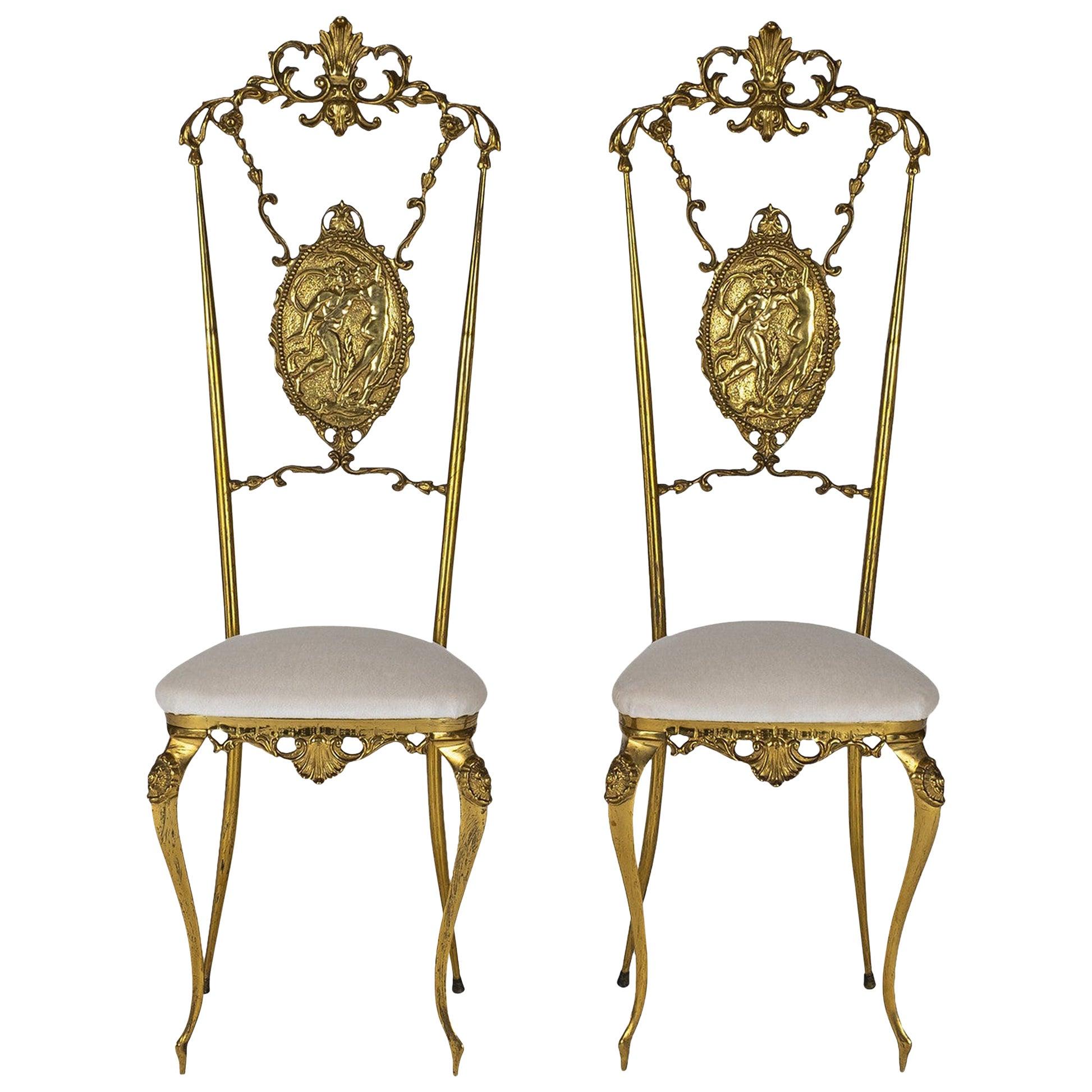 A vintage ornate brass Chiavari chair newly upholstered in a creamy ecru silk velvet.
Two available, $1,600.00 per chair.