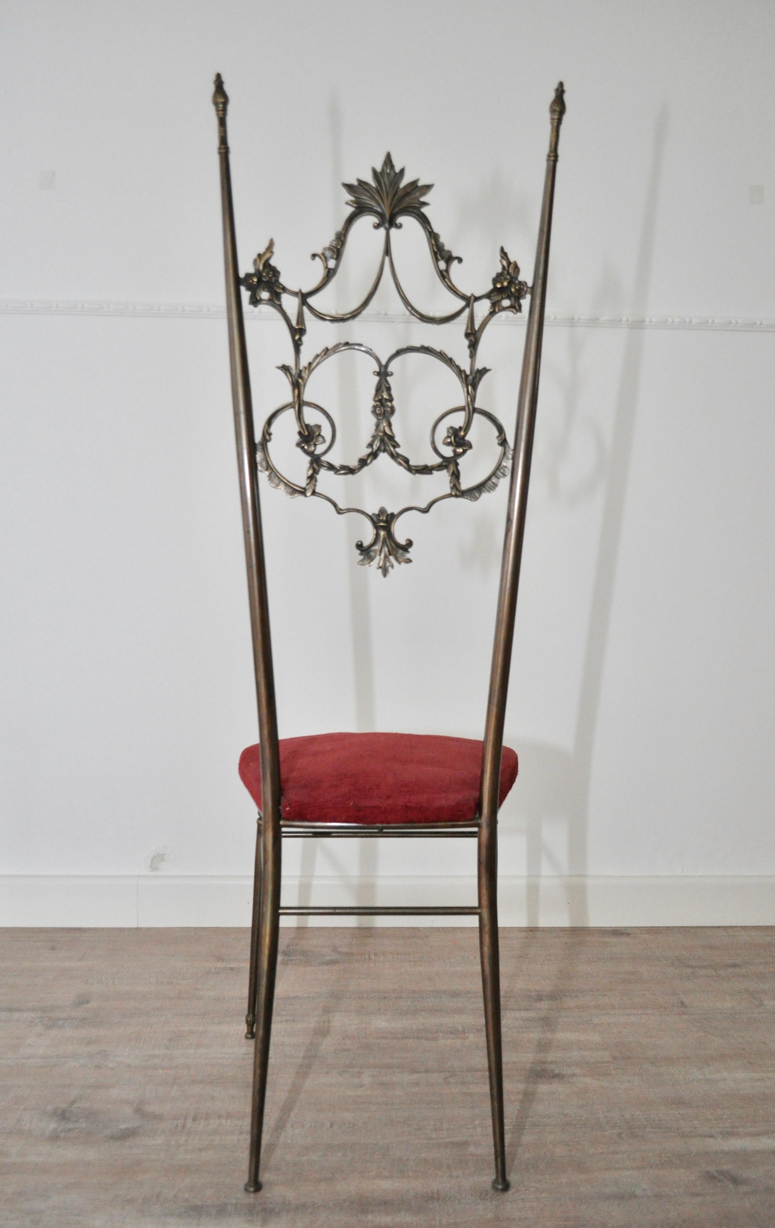 Chiavari Hollywood Regency chairs in brass, Italy 1950s, seat in red velvet.