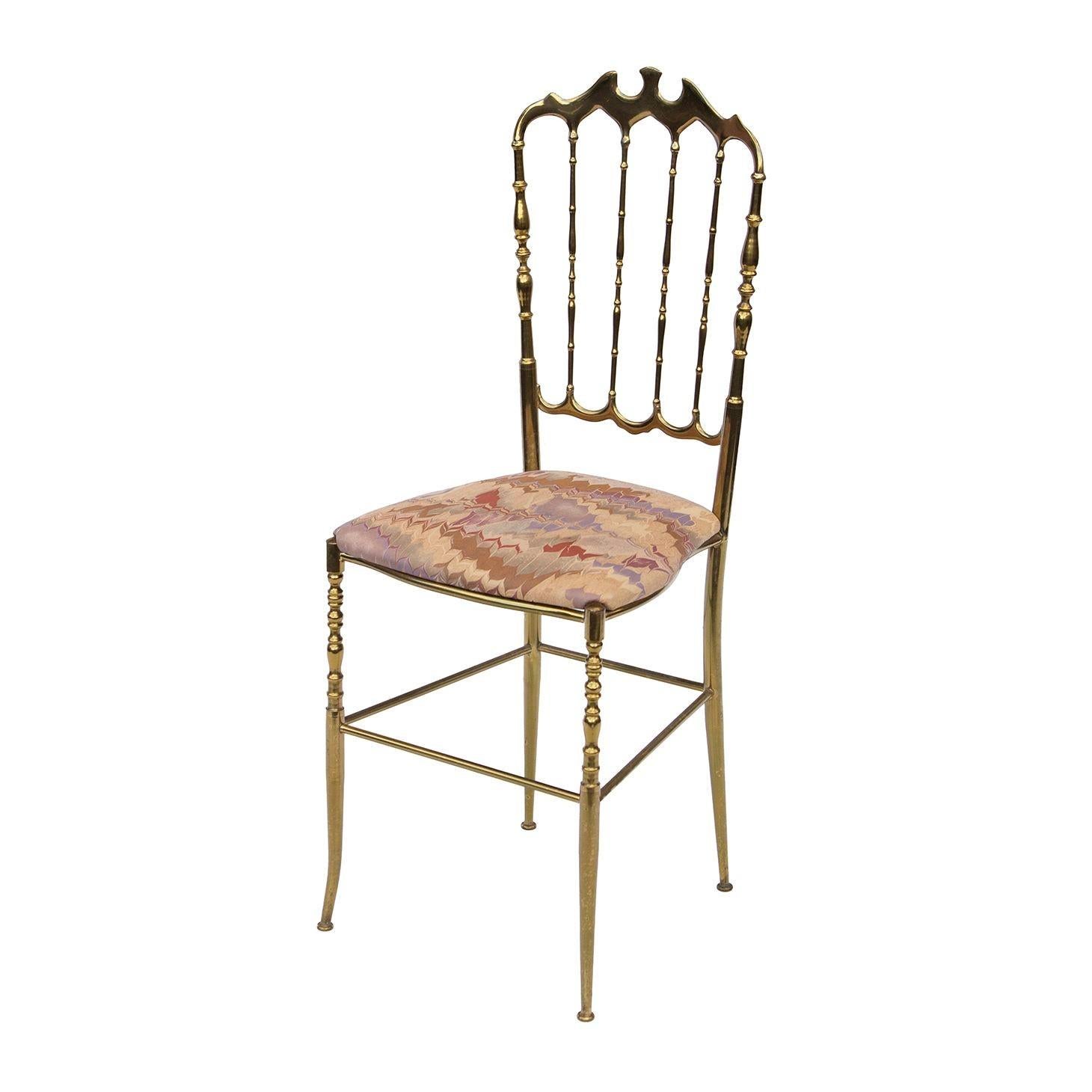 Italy, 1960s
Chiavari Italian brass side chair. Polished solid brass frame is slim and beautiful. This chair is more petite than most.
CONDITION NOTES: Solid brass frame is in very good condition. Seat upholstery is in ok condition but not perfect.