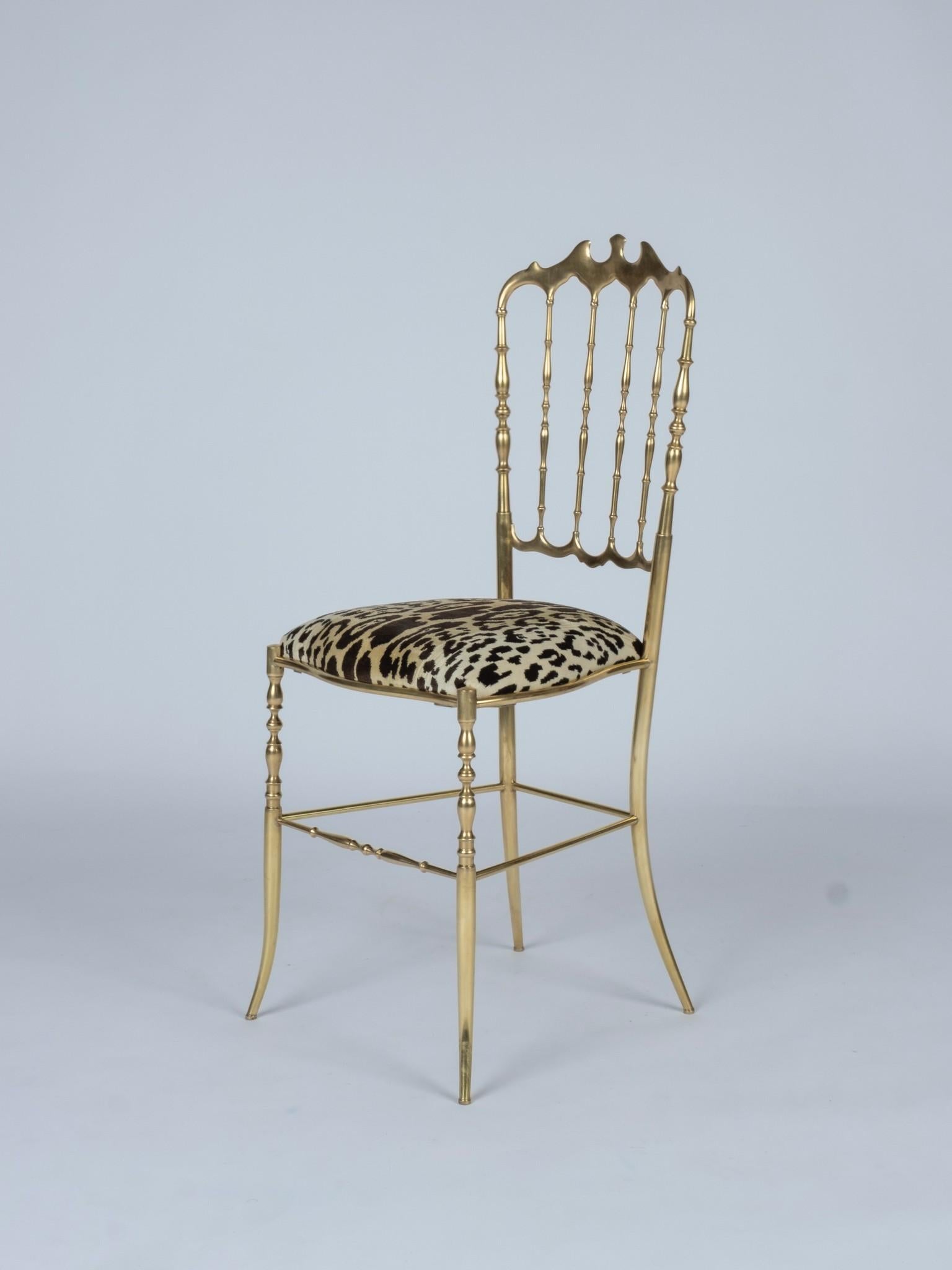 Vintage Classic Italian brass Napoleon III style Chiavari chair newly upholstered in a luxurious Nobilis Leopord Velours.