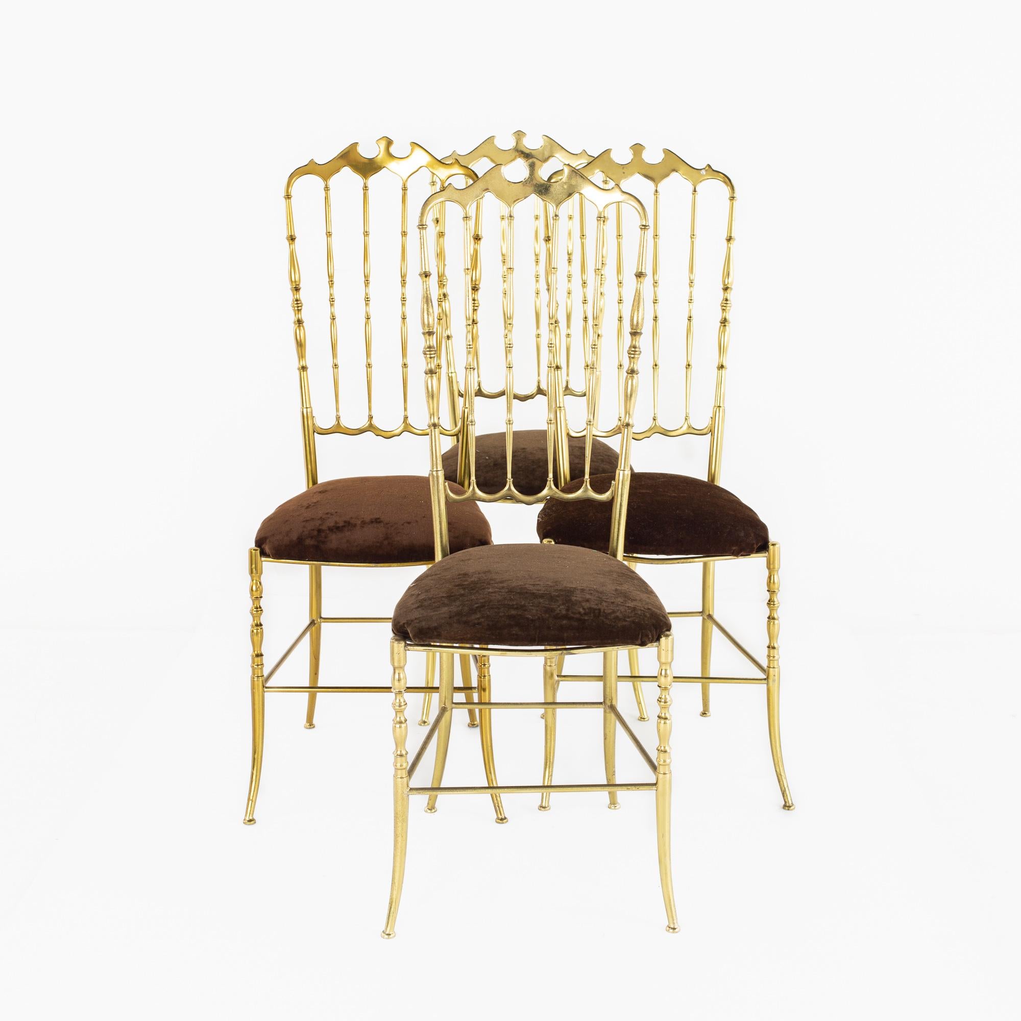 Chiavari Mid Century Italian Solid Brass Dining Chairs - Set of 4

Each chair measures: 15 wide x 17.25 deep x 40 inches high, with a seat height of 17.75 inches

All pieces of furniture can be had in what we call restored vintage condition.