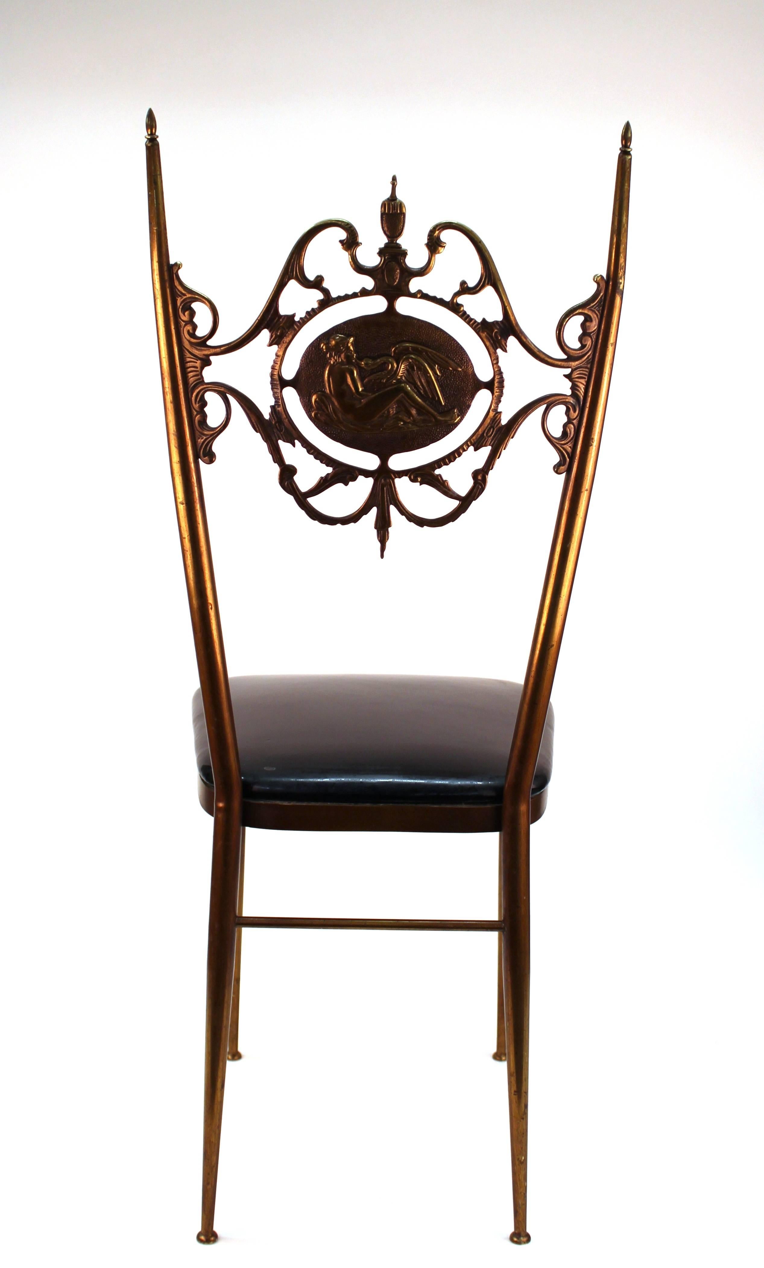 Italian Chiavari Side Chair in Brass with Leda and Swan Relief