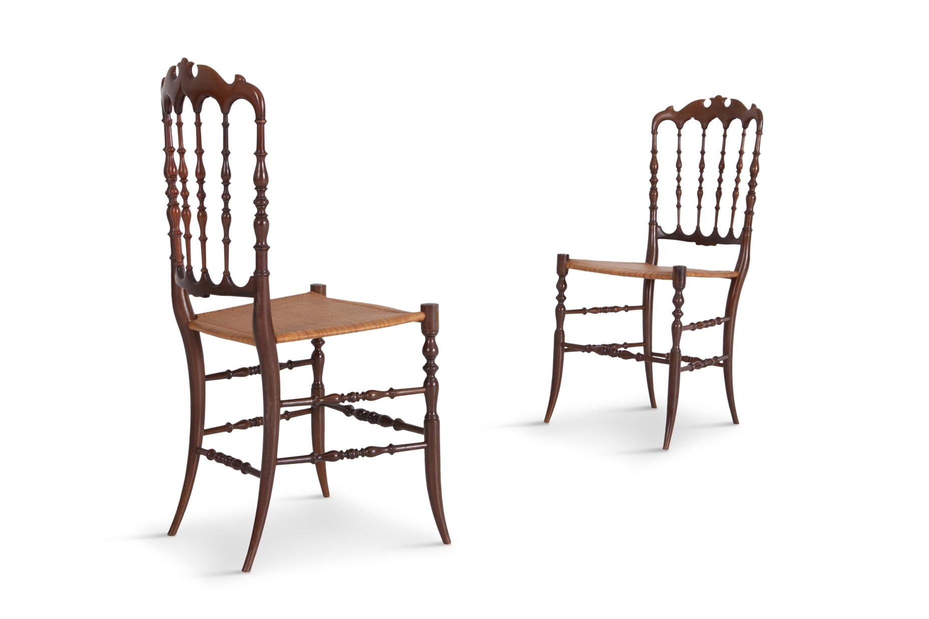 Post-Modern Chiavari Walnut and Wicker Dining Chairs