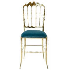 Silla de comedor de latón chiavari Azul claro Turquesa Pieza única de mediados de siglo