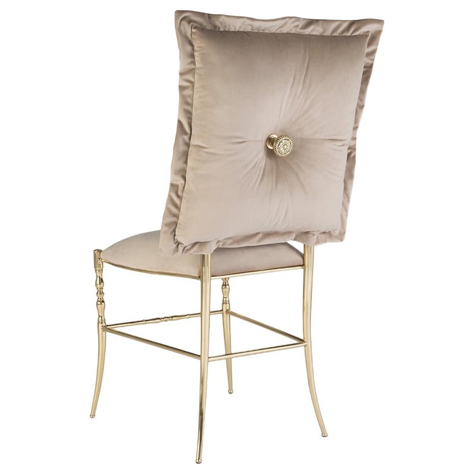 Modern Classic Chiavarina Dining Chair, Beige Velvet Upholstery, Brass Cast Foot For Sale