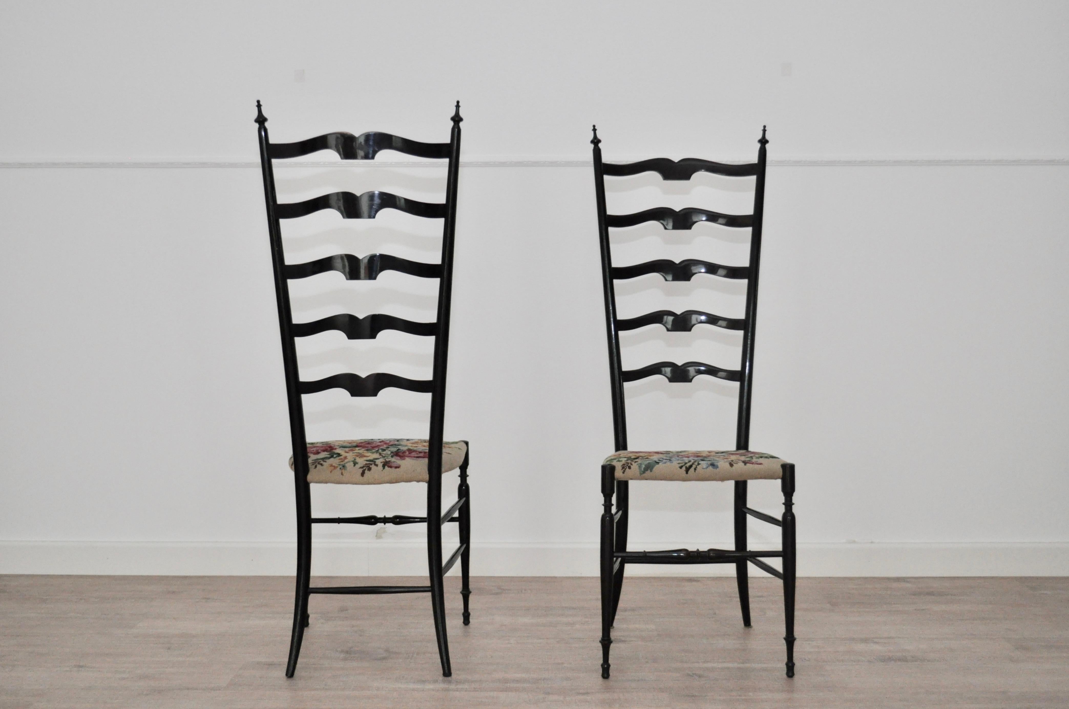 Chiavarine chairs, dark maple varnished glossy, 1968s. Seat upholstery in goblein-type floral fabric.