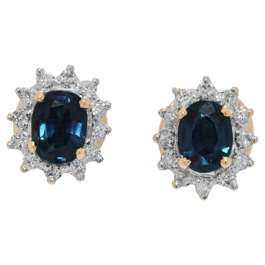 Chic 0.60ct Sapphire & Natural Diamond 18K Two-Toned Gold Cluster Stud Earrings